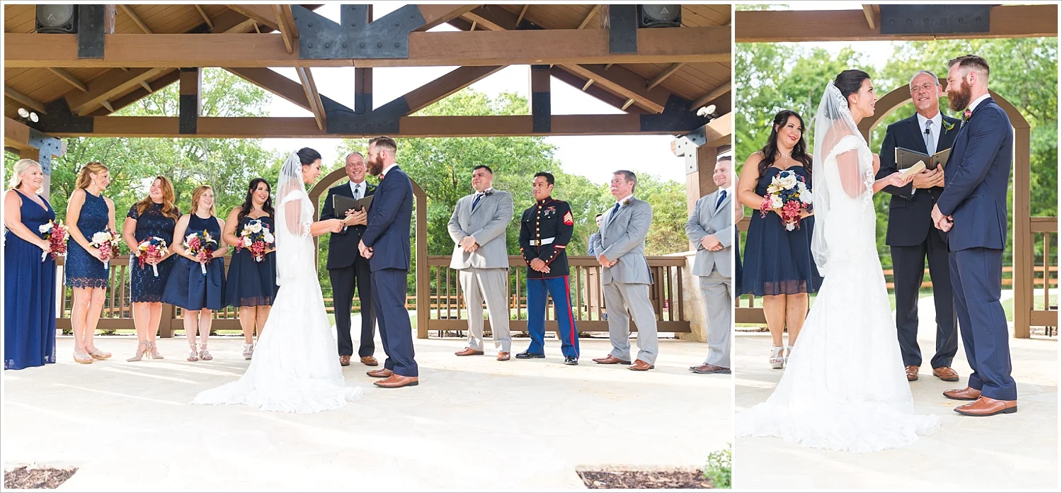 Bride reads her hand-written vows to groom, summer blush and navy wedding at Stone Hall at The Springs in McKinney, Texas, Jason & Melaina Photography, www.jasonandmelaina.com