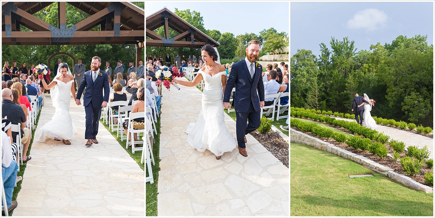 Bride dances up the aisle with groom, summer blush and navy wedding at Stone Hall at The Springs in McKinney, Texas, Jason & Melaina Photography, www.jasonandmelaina.com