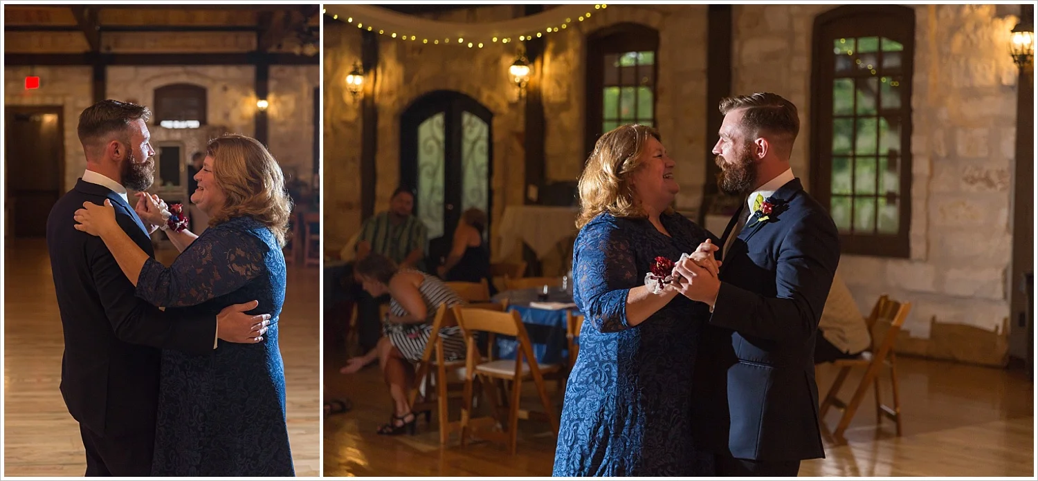Groom dances with mother, Bride and groom portraits, summer blush and navy wedding at Stone Hall at The Springs in McKinney, Texas, Jason & Melaina Photography, www.jasonandmelaina.com