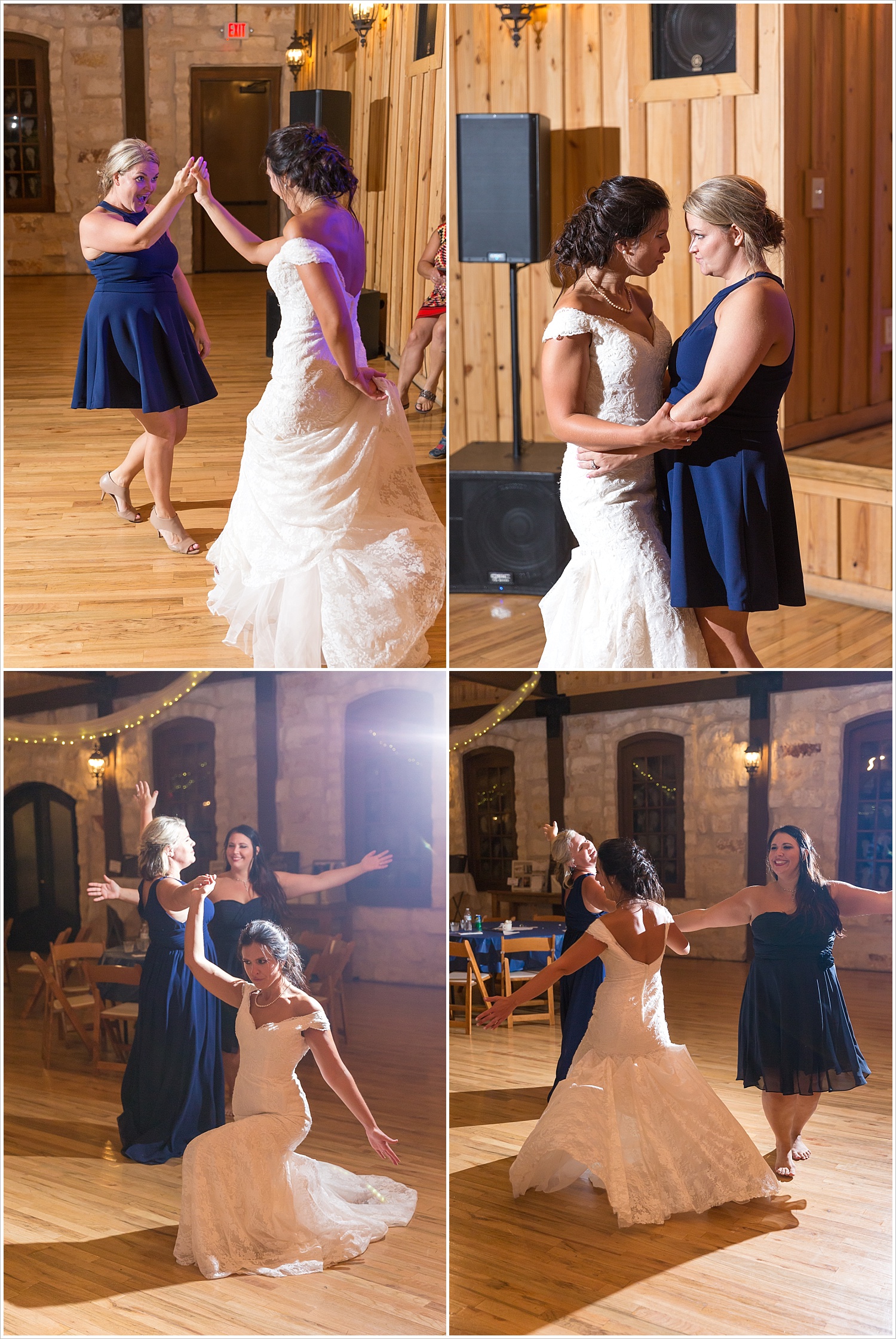 Bride dances with bridesmaids, Guests dancing during the reception, summer blush and navy wedding at Stone Hall at The Springs in McKinney, Texas, Jason & Melaina Photography, www.jasonandmelaina.com