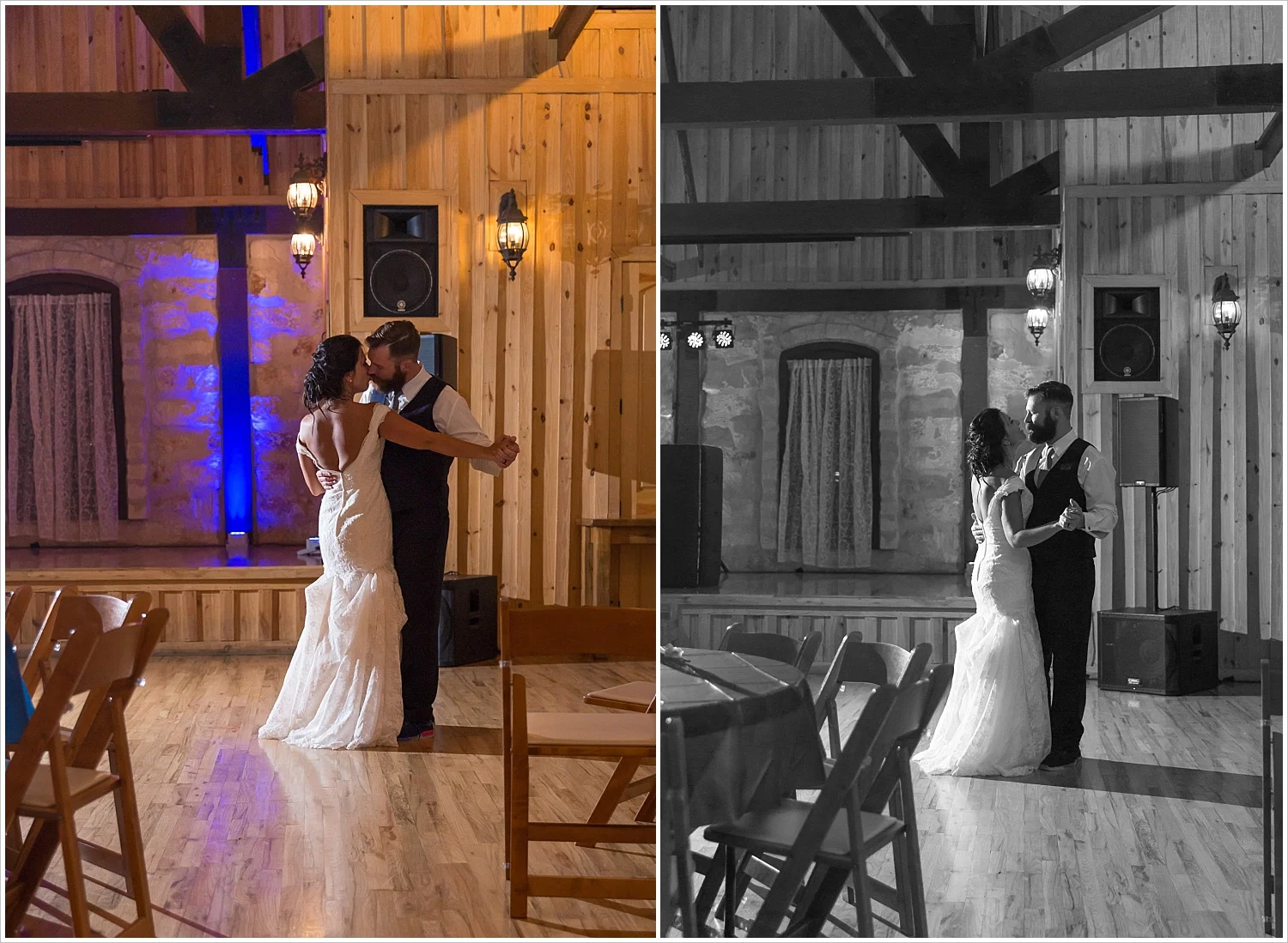 Bride and groom share last dance on an empty dance floor at their reception, summer blush and navy wedding at Stone Hall at The Springs in McKinney, Texas, Jason & Melaina Photography, www.jasonandmelaina.com