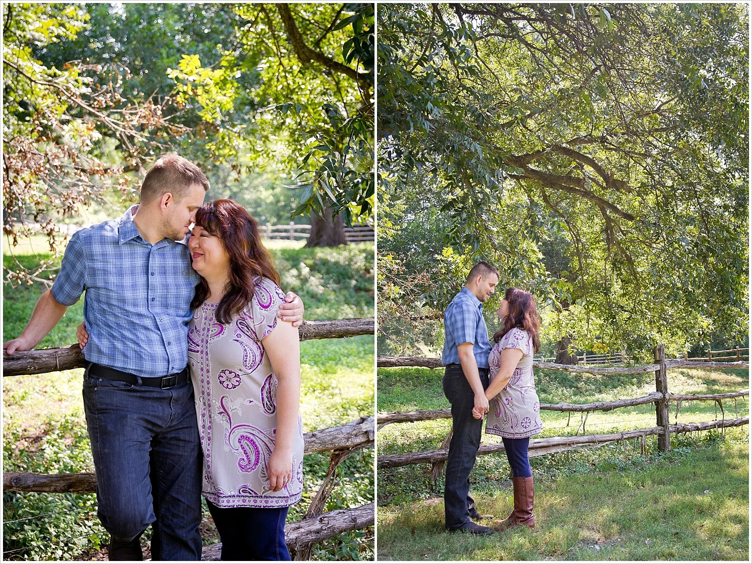 A couple embraces near a wooden fence during their engagement portraits at Brazos Bluffs Ranch in Waco, Texas - Jason & Melaina Photography, www.jasonandmelaina.com