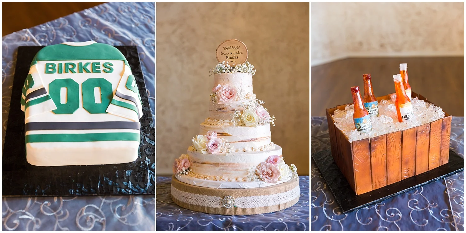 Dallas Stars groom's cake, Beer cooler groom's cake, 3 tiered cream bride's cake, Navy and blush Texas Reception at The Phoenix Ballroom, Jason & Melaina Photography - www.jasonandmelaina.com