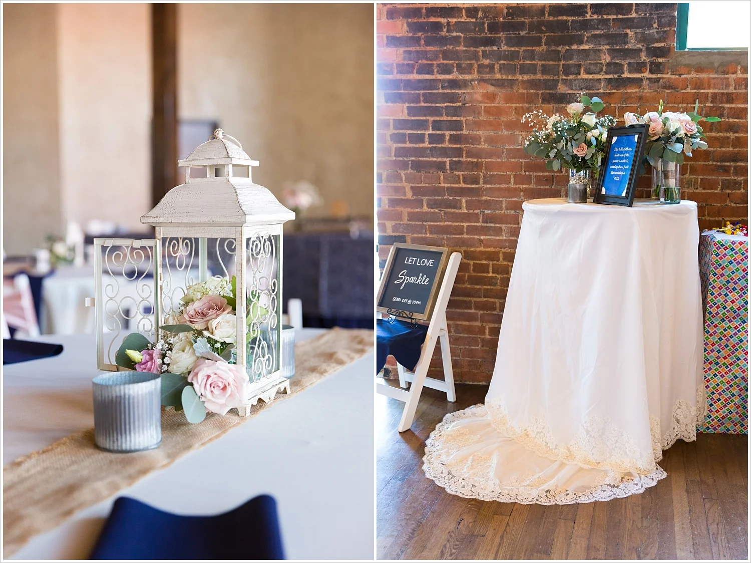 Groom's mother's wedding gown made into custom table-cloth for wedding, Navy and blush Texas Reception at The Phoenix Ballroom, Jason & Melaina Photography - www.jasonandmelaina.com