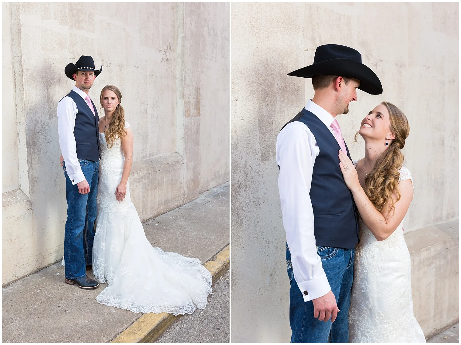 Bride and groom in downtown Waco, Navy and blush Texas Reception at The Phoenix Ballroom, Jason & Melaina Photography - www.jasonandmelaina.com