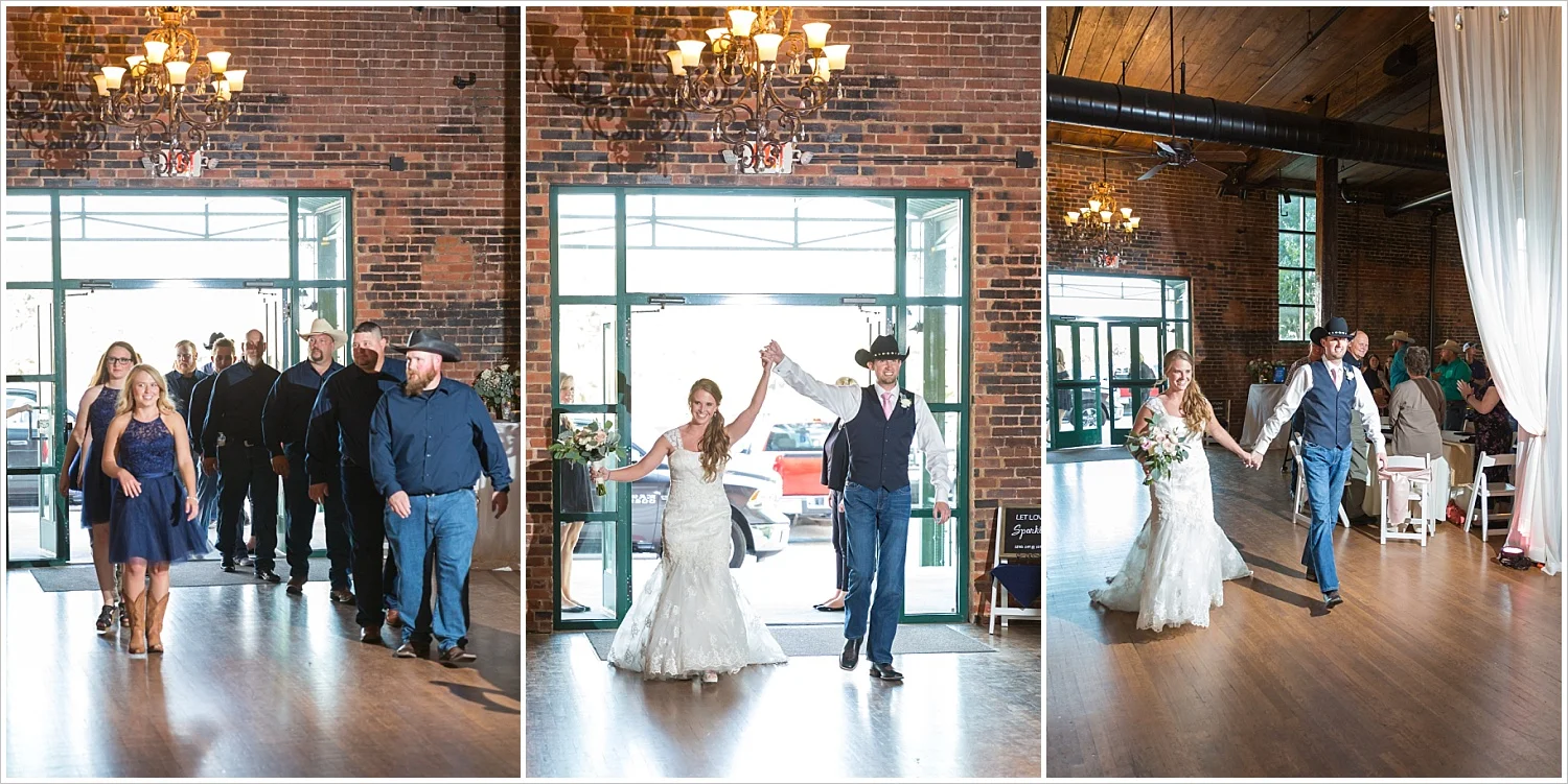 Bride and groom enter reception after announced by DJ, Navy and blush Texas Reception at The Phoenix Ballroom, Jason & Melaina Photography - www.jasonandmelaina.com