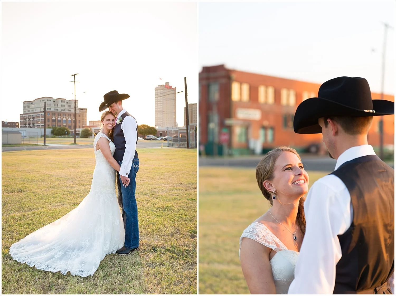 Bride and groom together in sunset with Waco skyline in background, Navy and blush Texas Reception at The Phoenix Ballroom, Jason & Melaina Photography - www.jasonandmelaina.com