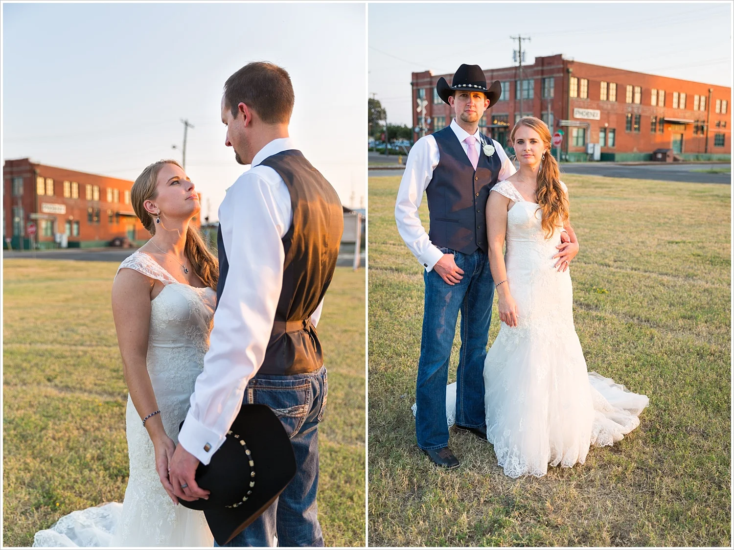 A bride and her cowboy groom pose stoically outside The Phoenix, Navy and blush Texas Reception at The Phoenix Ballroom, Jason & Melaina Photography - www.jasonandmelaina.com