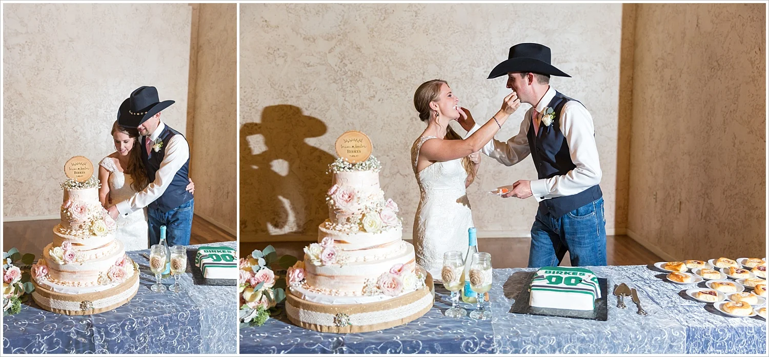Bride and groom cut cake, Bride and groom in downtown Waco, Navy and blush Texas Reception at The Phoenix Ballroom, Jason & Melaina Photography - www.jasonandmelaina.com