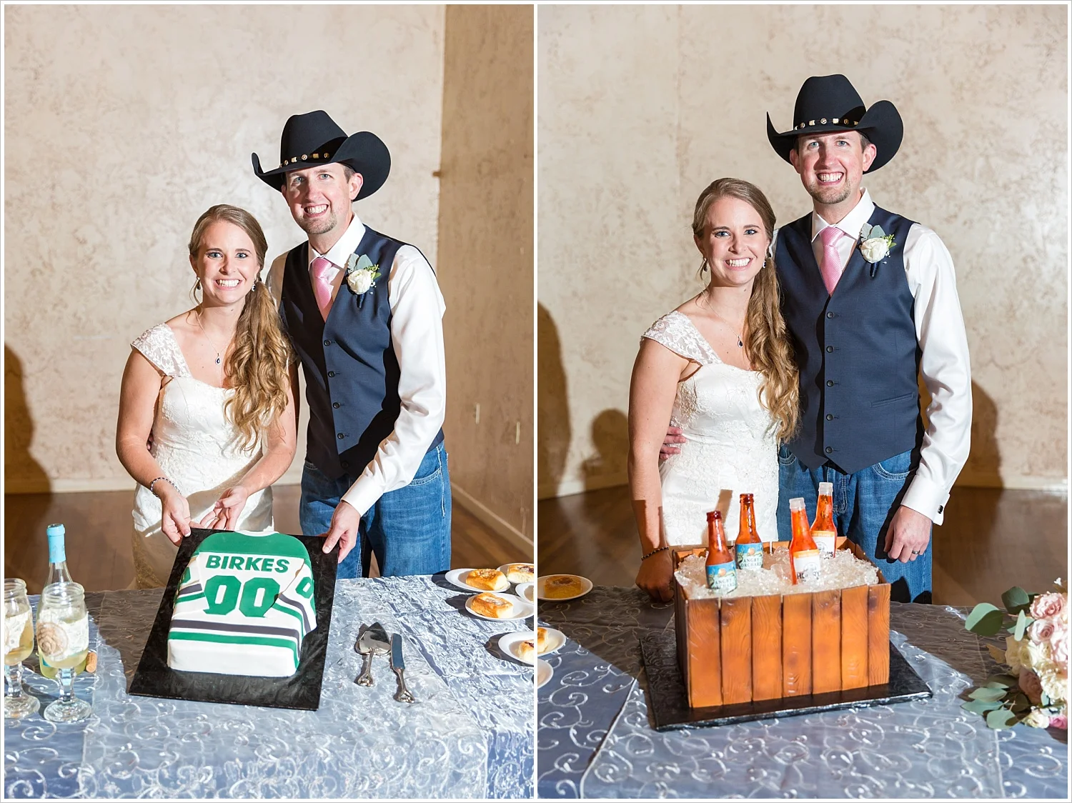 Bride and groom pose by Dallas Stars groom's cake, Navy and blush Texas Reception at The Phoenix Ballroom, Jason & Melaina Photography - www.jasonandmelaina.com