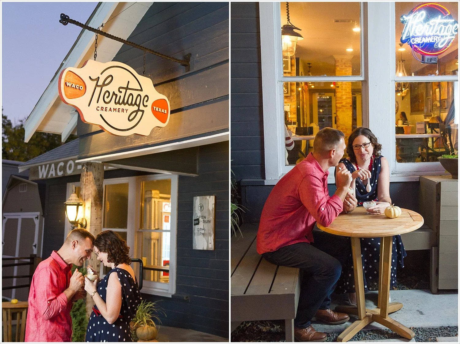 Couple enjoys ice cream outside Heritage Creamery during their engagement portraits in Waco, Texas - Jason & Melaina Photography, www.jasonandmelaina.com