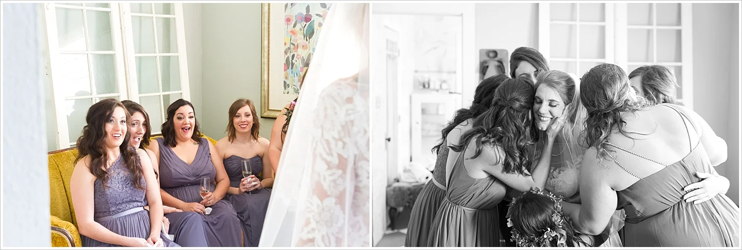 Bridesmaids react to seeing bride in her gown for first time, hug bride, at wedding ceremony at Bear Creek in Gatesville, Texas - Jason & Melaina Photography - www.jasonandmelaina.com