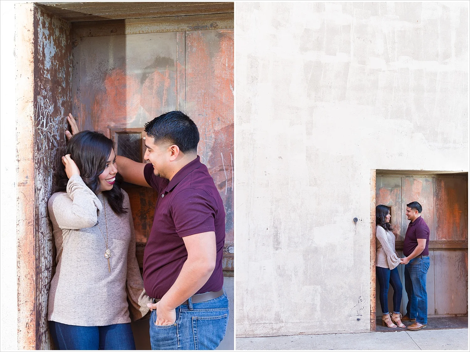 A future bride and groom smile at one another in a doorway downtown on 7th street during their Waco, Texas engagement photo session - Jason & Melaina Photography - www.jasonandmelaina.com
