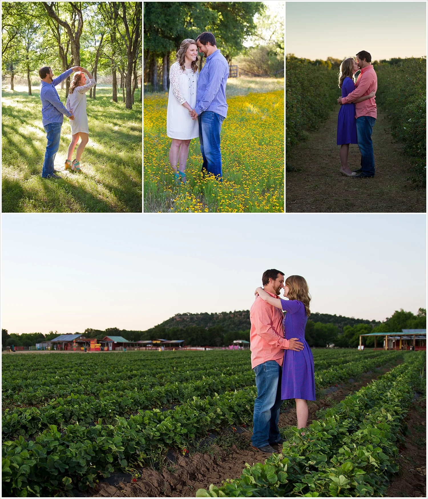 A couple dances in the sunlight and embraces in strawberry fields during their engagement photos in Marble Falls, Texas - Jason & Melaina Photography - www.jasonandmelaina.com