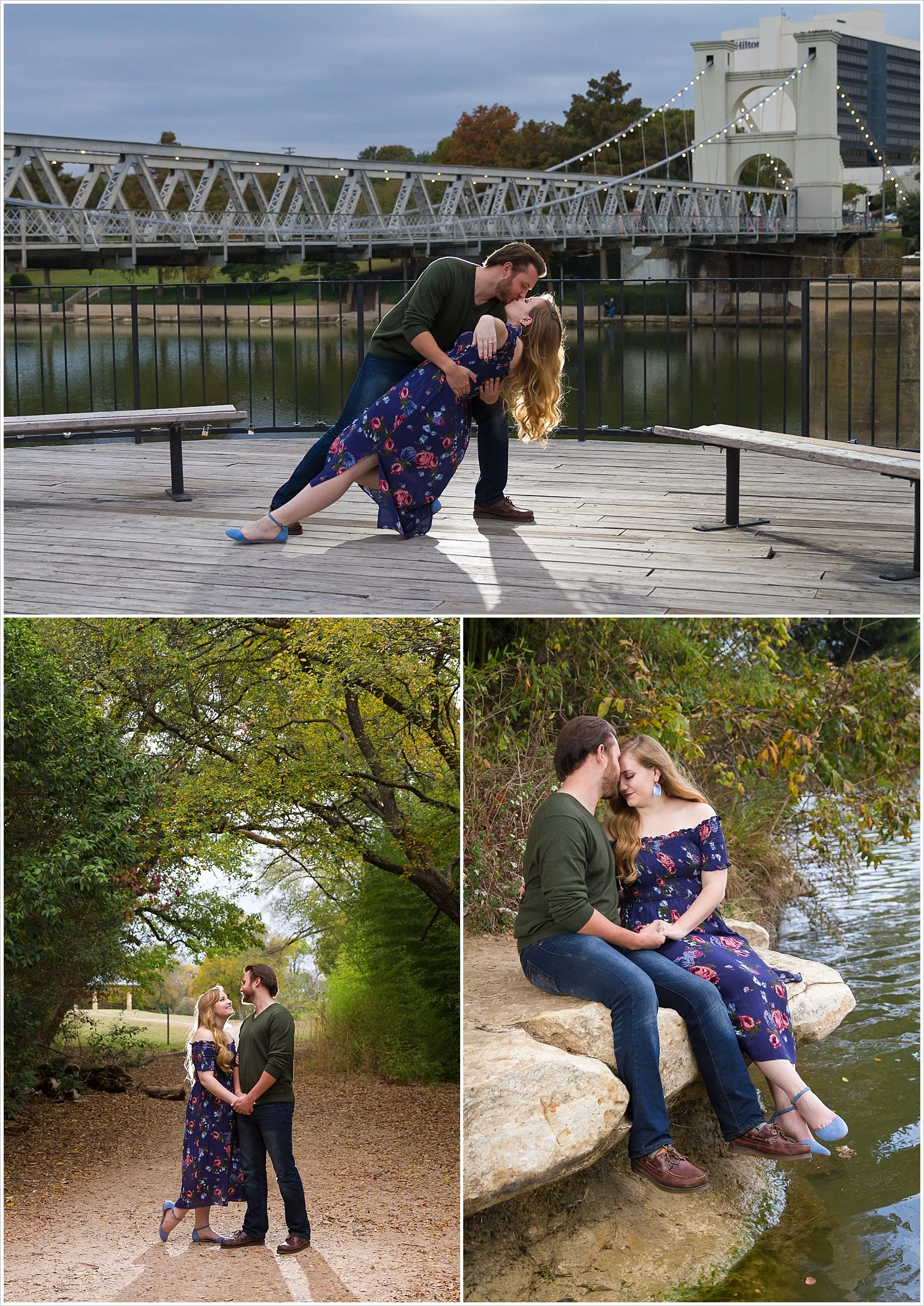 A man dips his fiance for a kiss with the Waco Suspension Bridge behind them during their engagement photo session in Waco, Tx - Jason & Melaina Photography - www.jasonandmelaina.com