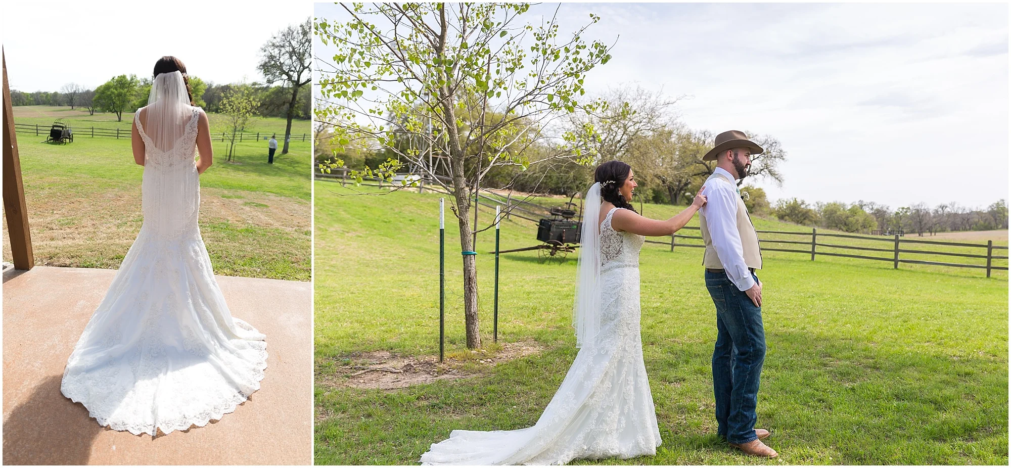 Bride walks up to groom during their first look 