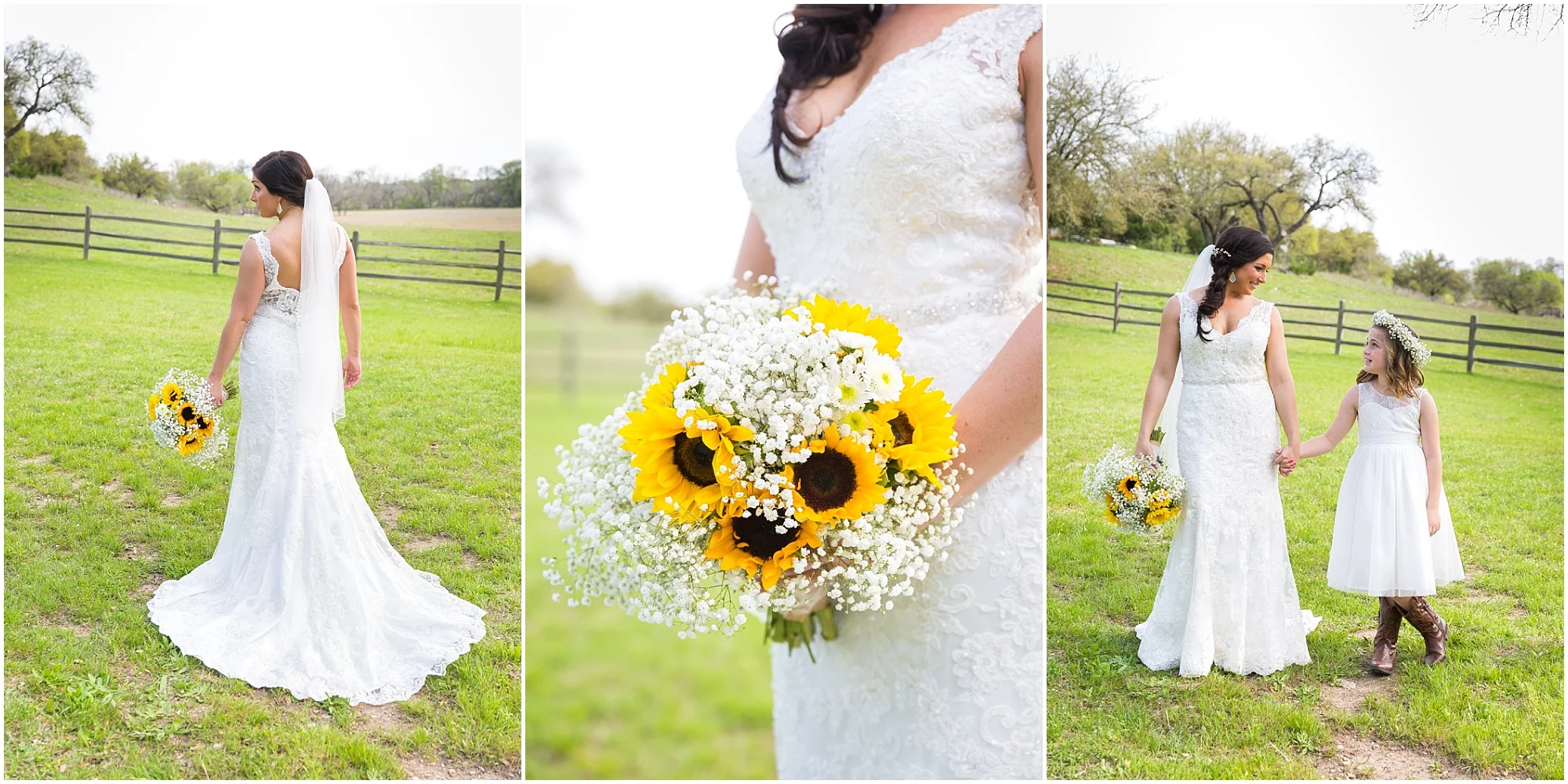 Bride in lace wedding gown poses in green pasture on her wedding day - Jason & Melaina Photography