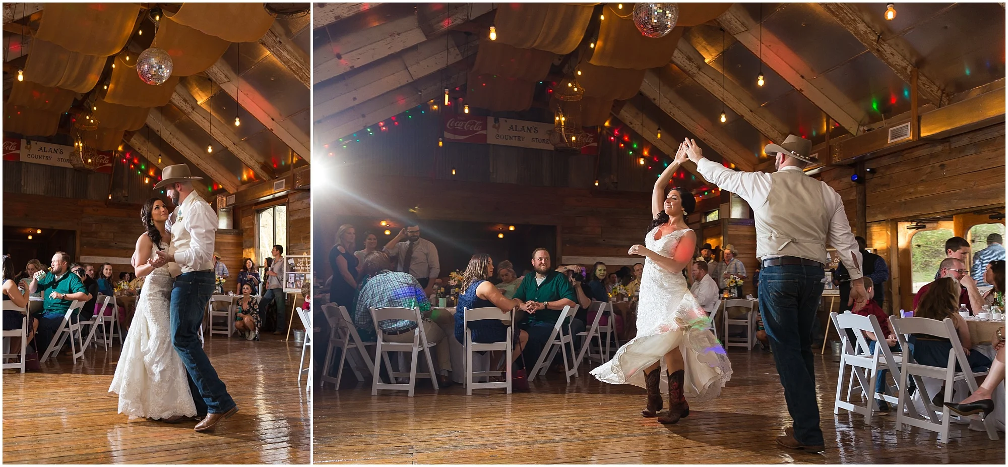 Bride and groom share a first dance during their reception at Peacock River Ranch - Jason & Melaina Photography - www.jasonandmelaina.com