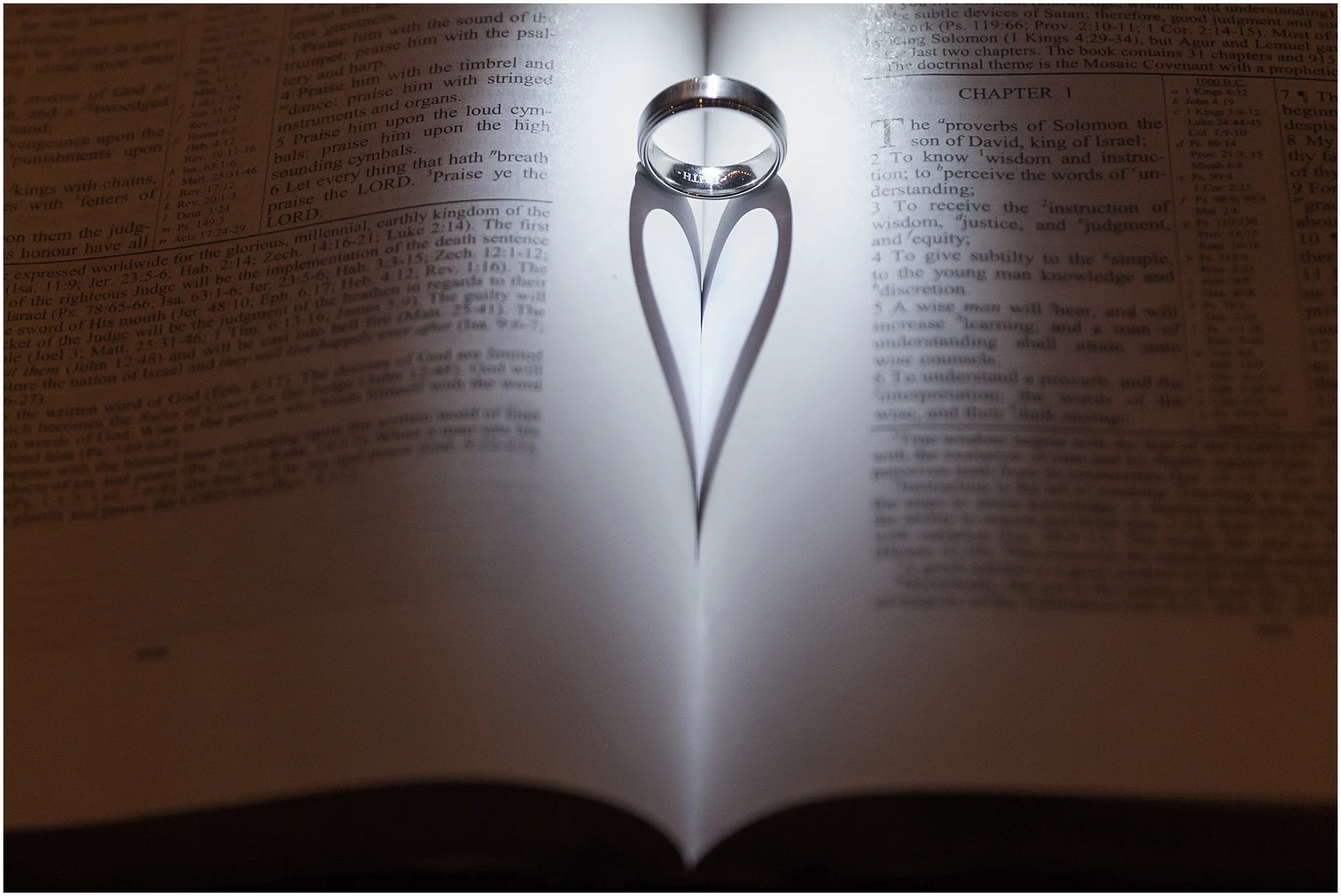 Wedding ring casts a heart-shaped shadow in Bible - Jason & Melaina Photography
