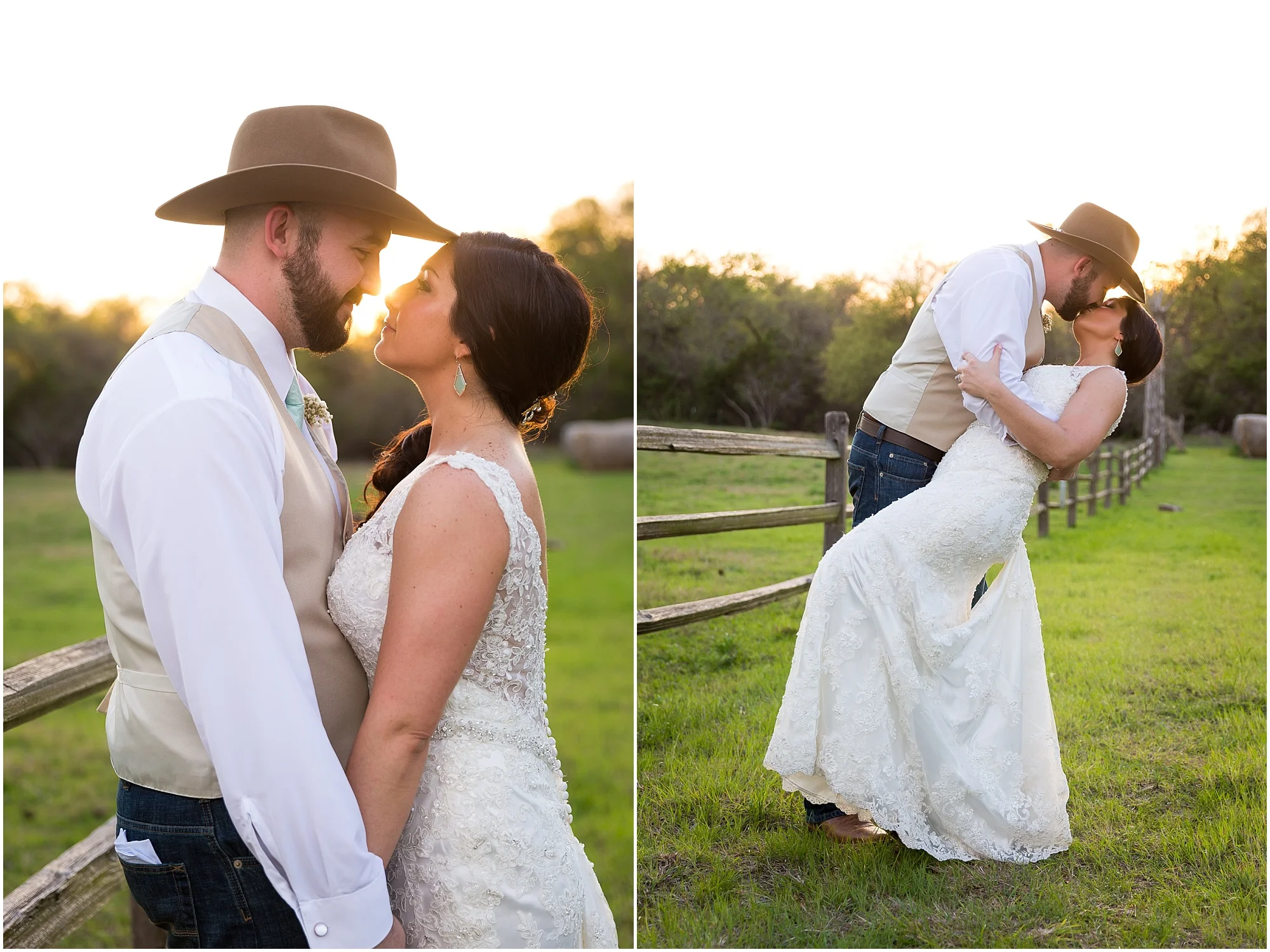Groom kisses his bride with sunset behind them at Peacock River Ranch in Gatesville, Texas - Jason & Melaina Photography