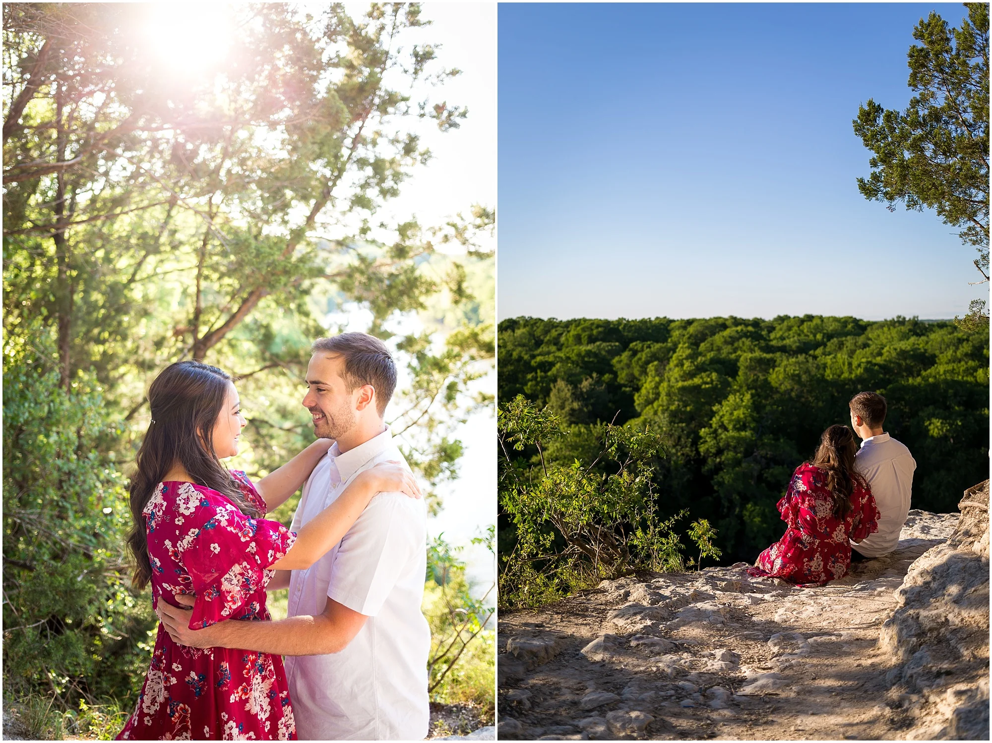 An engaged couple sits on a cliff in Cameron Park during their engagement photo session