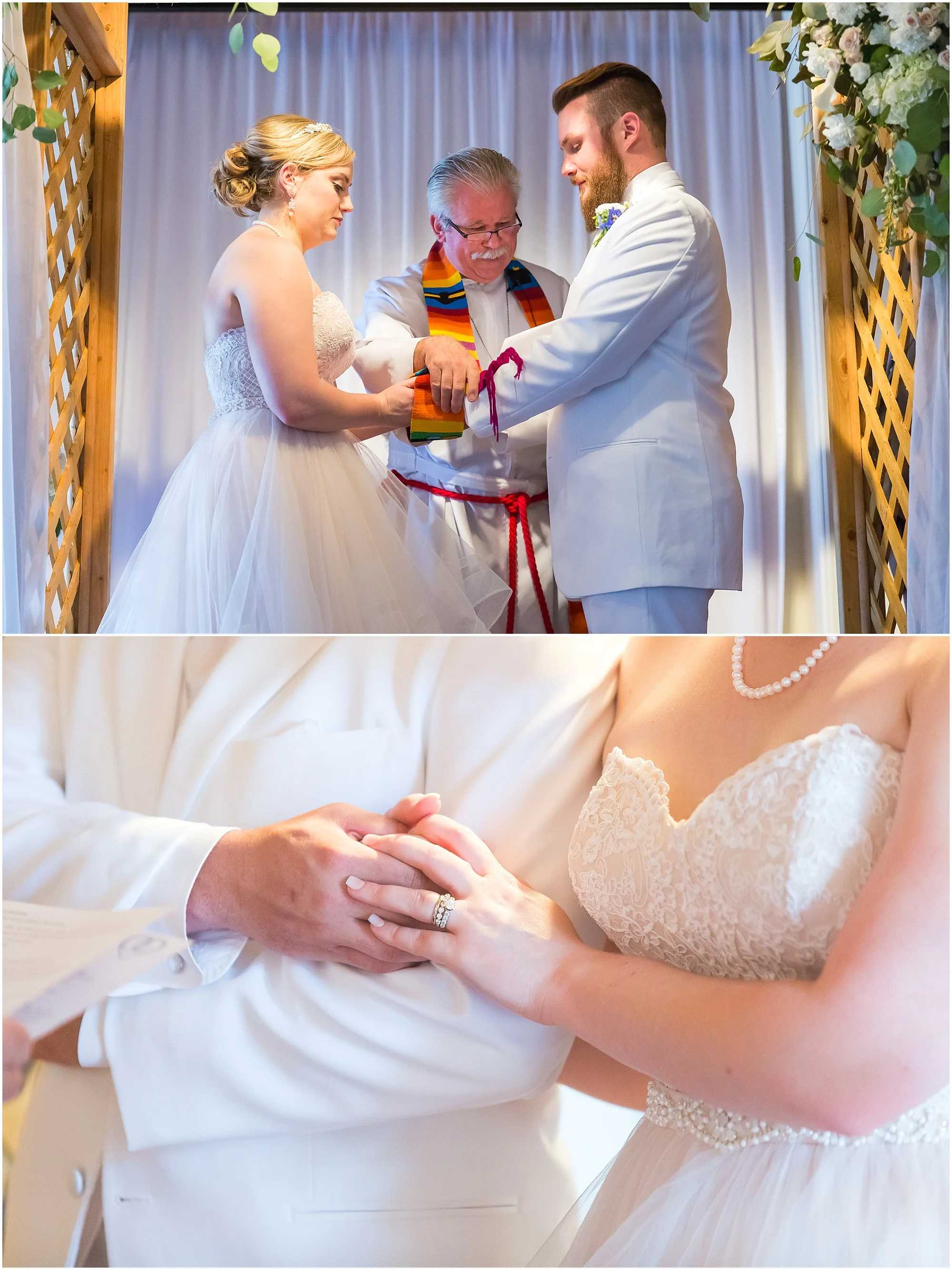 Bride and groom hold hands at the altar during their downtown Waco, Tx wedding - www.jasonandmelaina.com