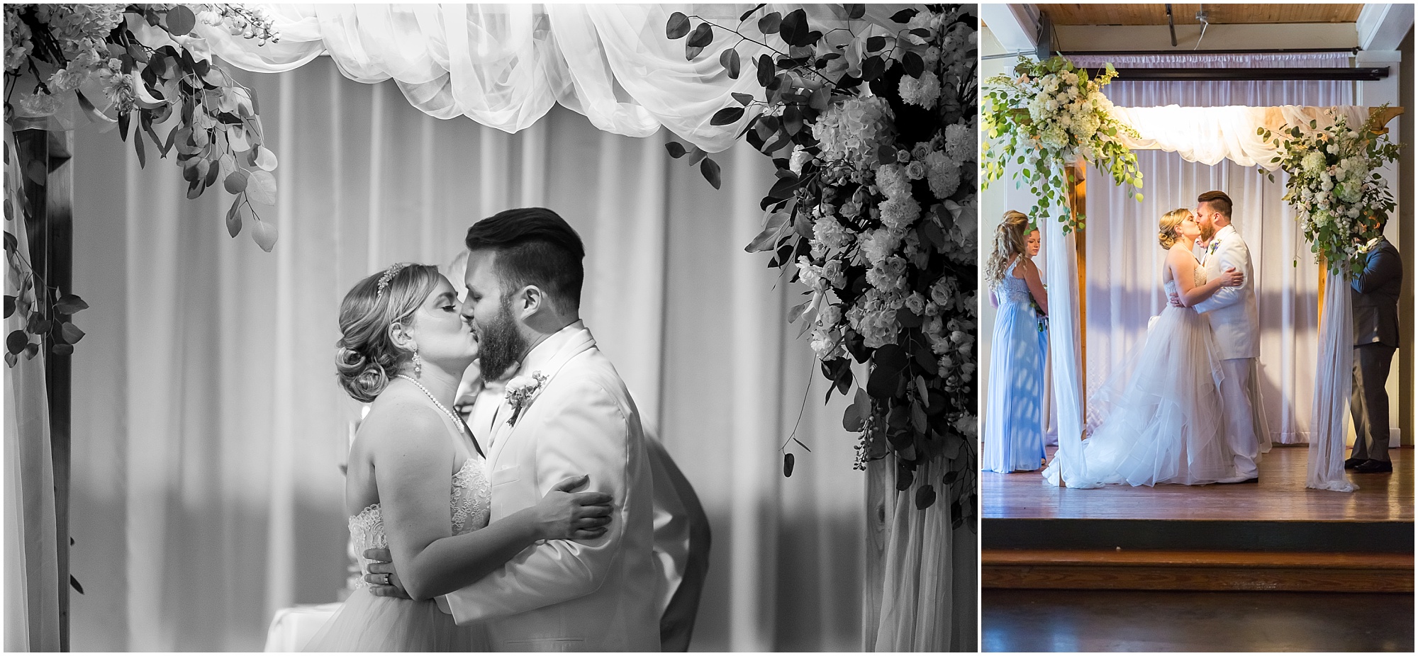 Bride and groom kiss as they are prounouced husband and wife during their downtown Waco wedding ceremony - www.jasonandmelaina.com
