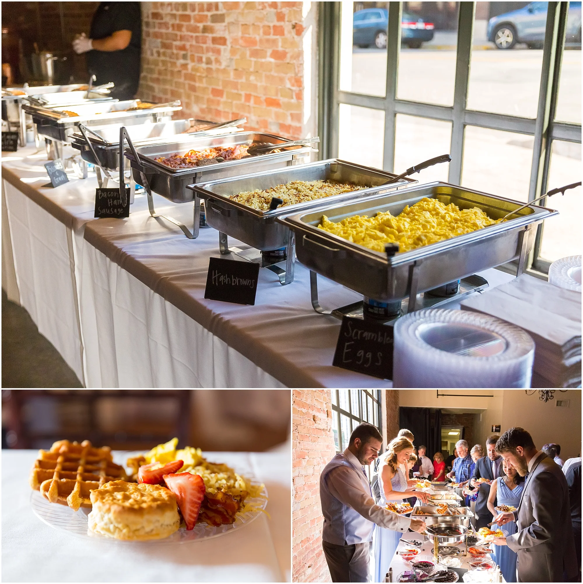Breakfast buffet at Downtown warehouse wedding in Waco, Texas - www.jasonandmelaina.com