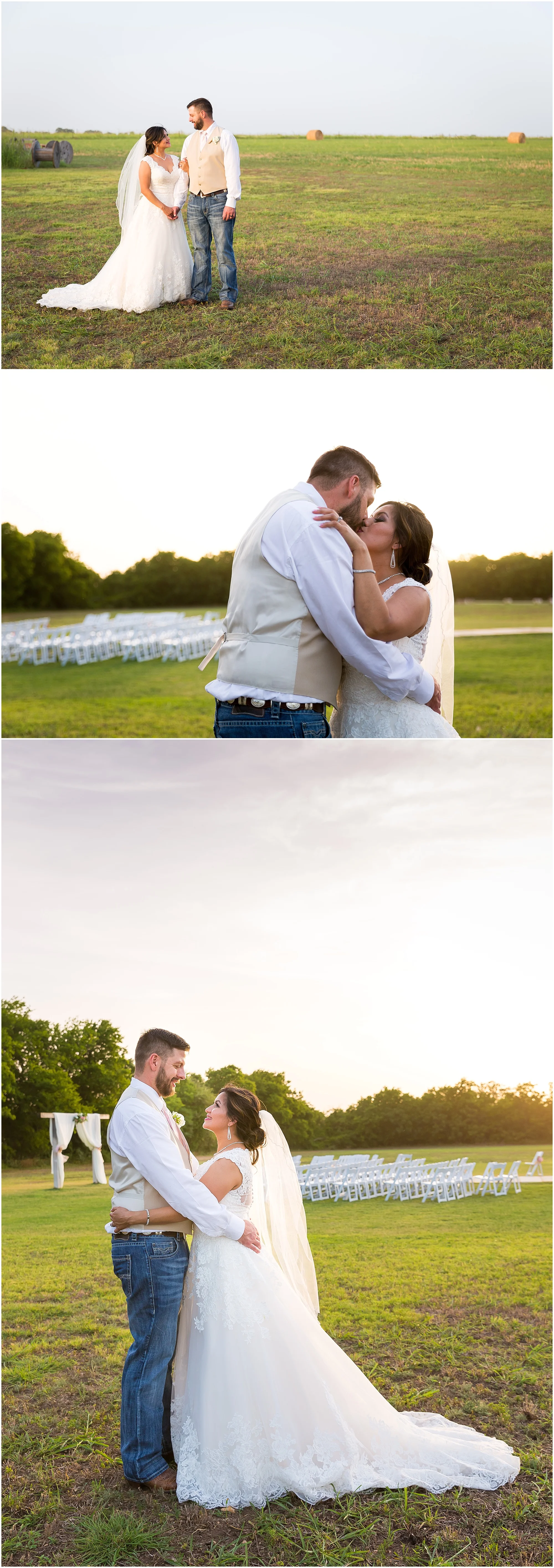 A couple embraces in a field with a Texas sunset behind them after their wedding ceremony in Belton, Texas - Jason & Melaina Photography - www.jasonandmelaina.com