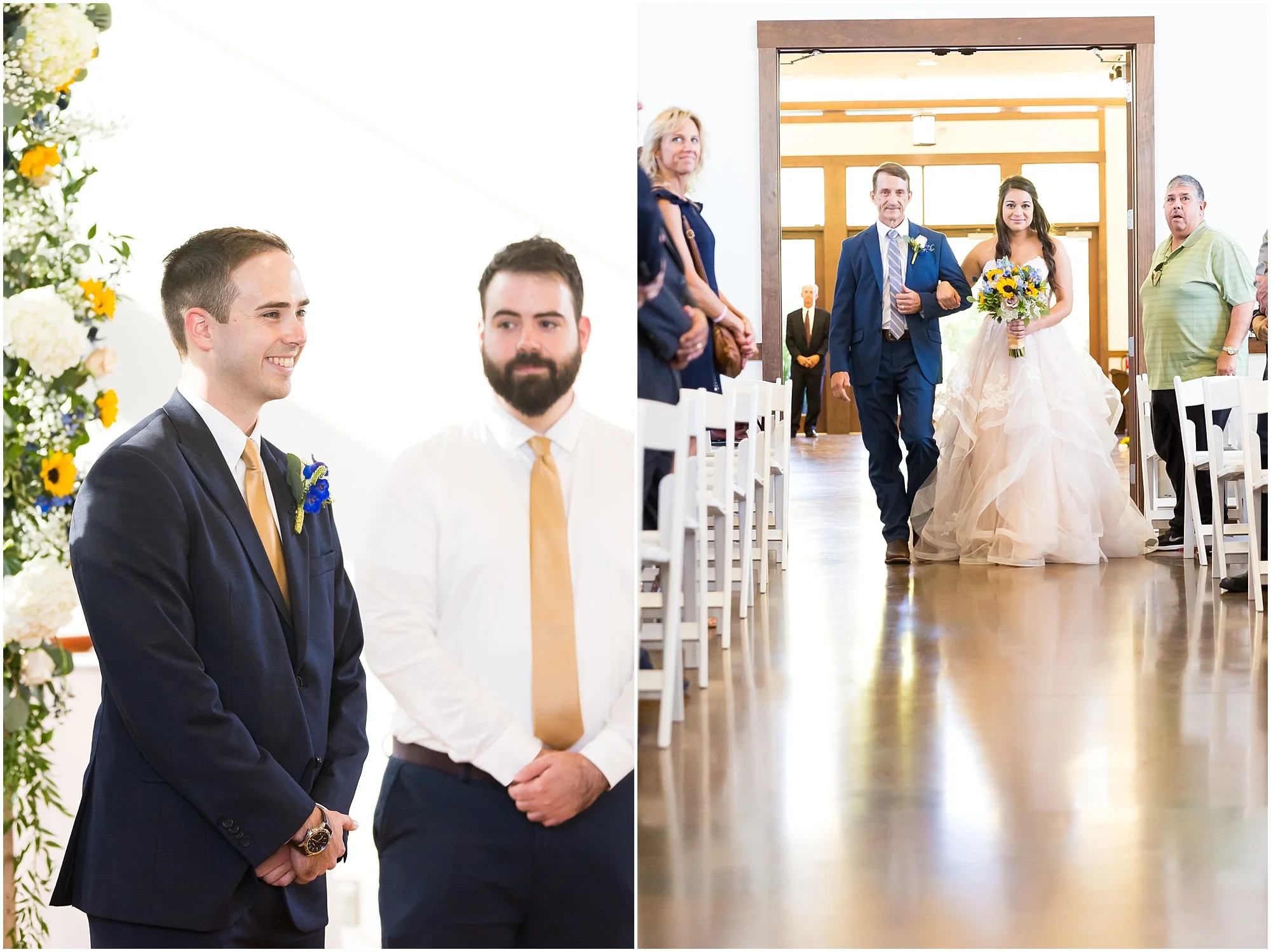 A groom smiles when he sees his bride coming down the aisle - summer wedding at the Carleen Bright Arboretum in Waco, Texas - Jason & Melaina Photography - www.jasonandmelaina.com