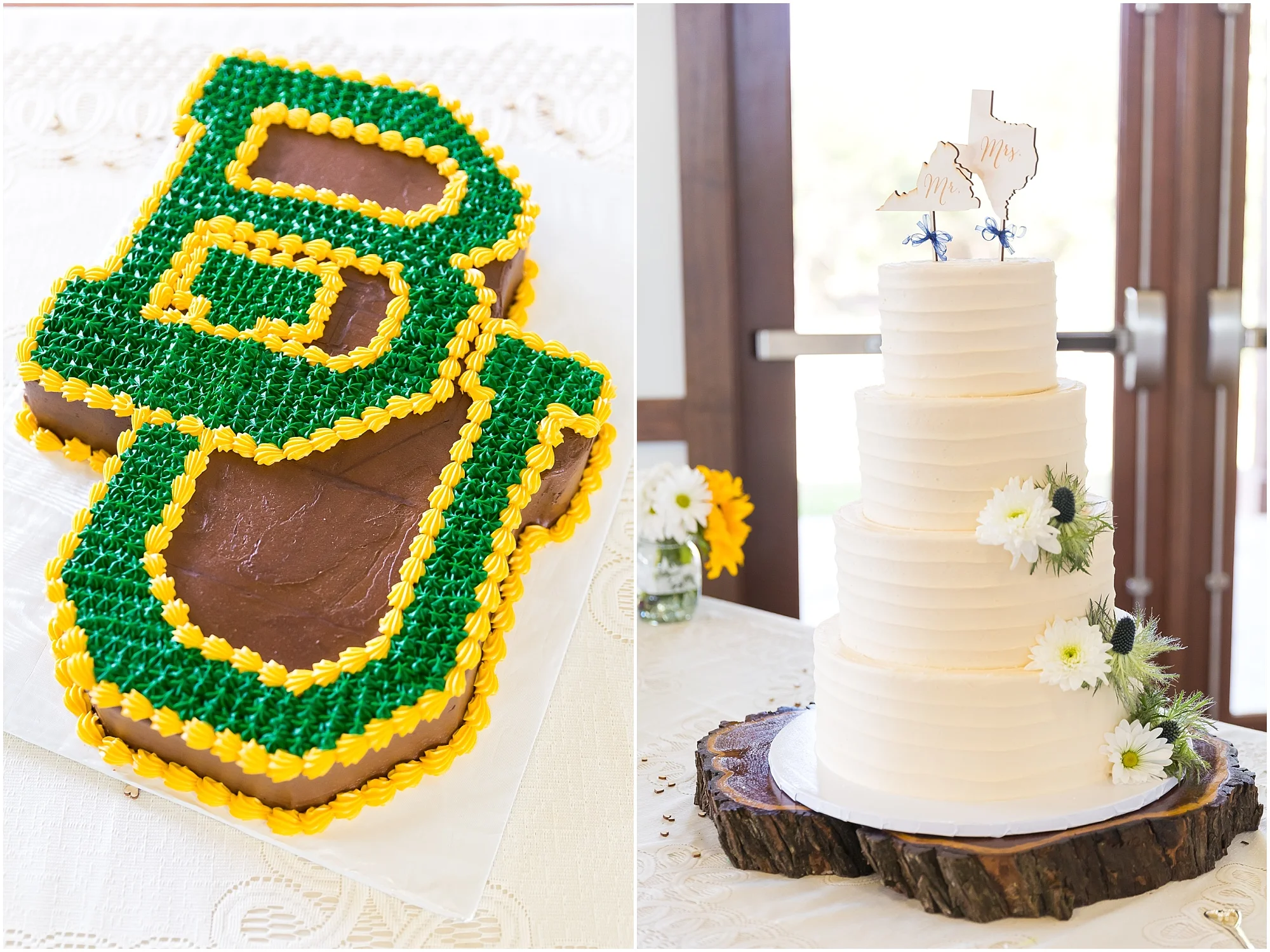 4-tiered white buttercream bridal cake and Baylor groom's cake by All Sugar'd Up in Waco, Texas - Jason & Melaina Photography - www.jasonandmelaina.com