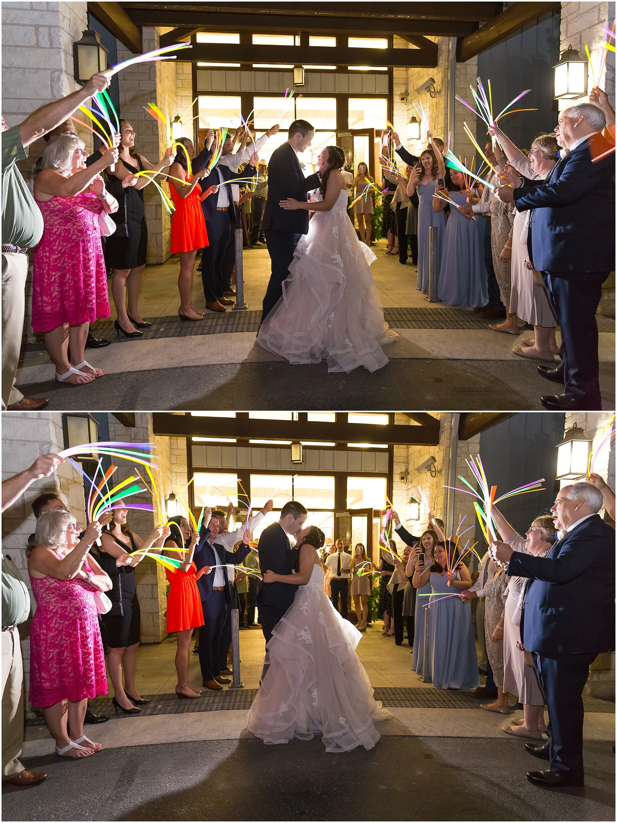 Glowstick send-off at a summer wedding at the Carleen Bright Arboretum in Waco, Texas - Jason & Melaina Photography - www.jasonandmelaina.com