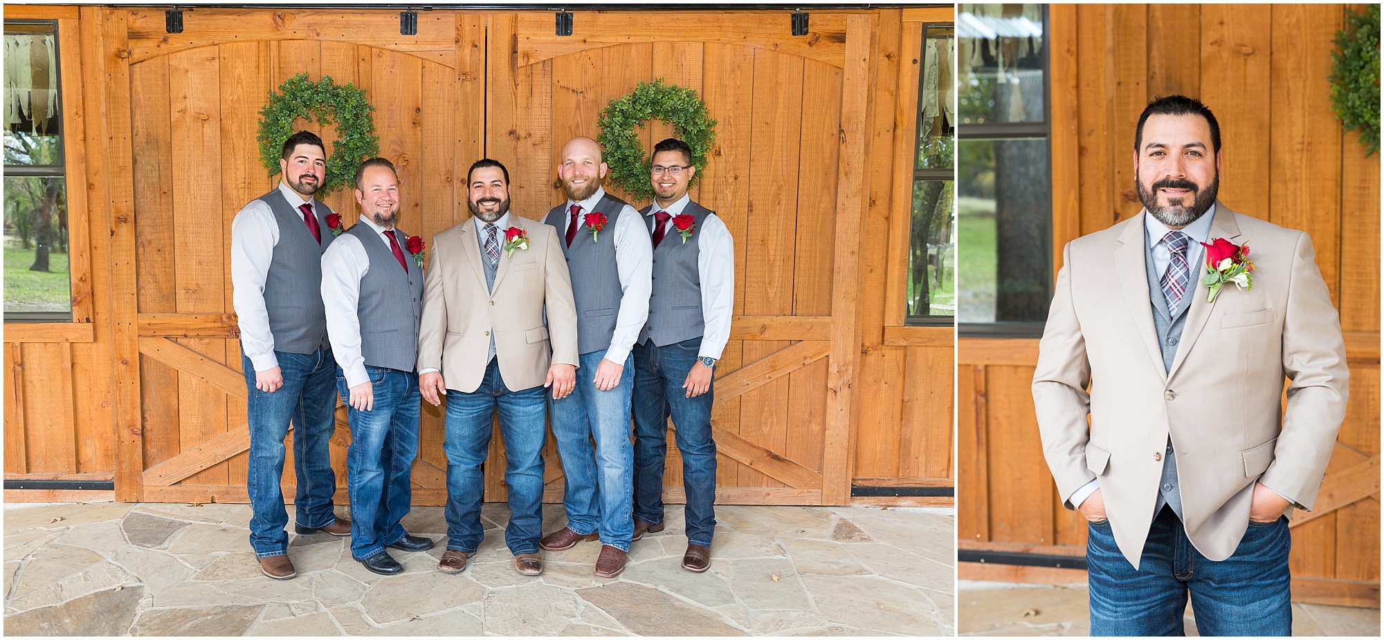 Groomsmen in gray vests, jeans and boots - Dove Creek Ranch in Dublin, Texas - Jason & Melaina Photography - www.jasonandmelaina.com