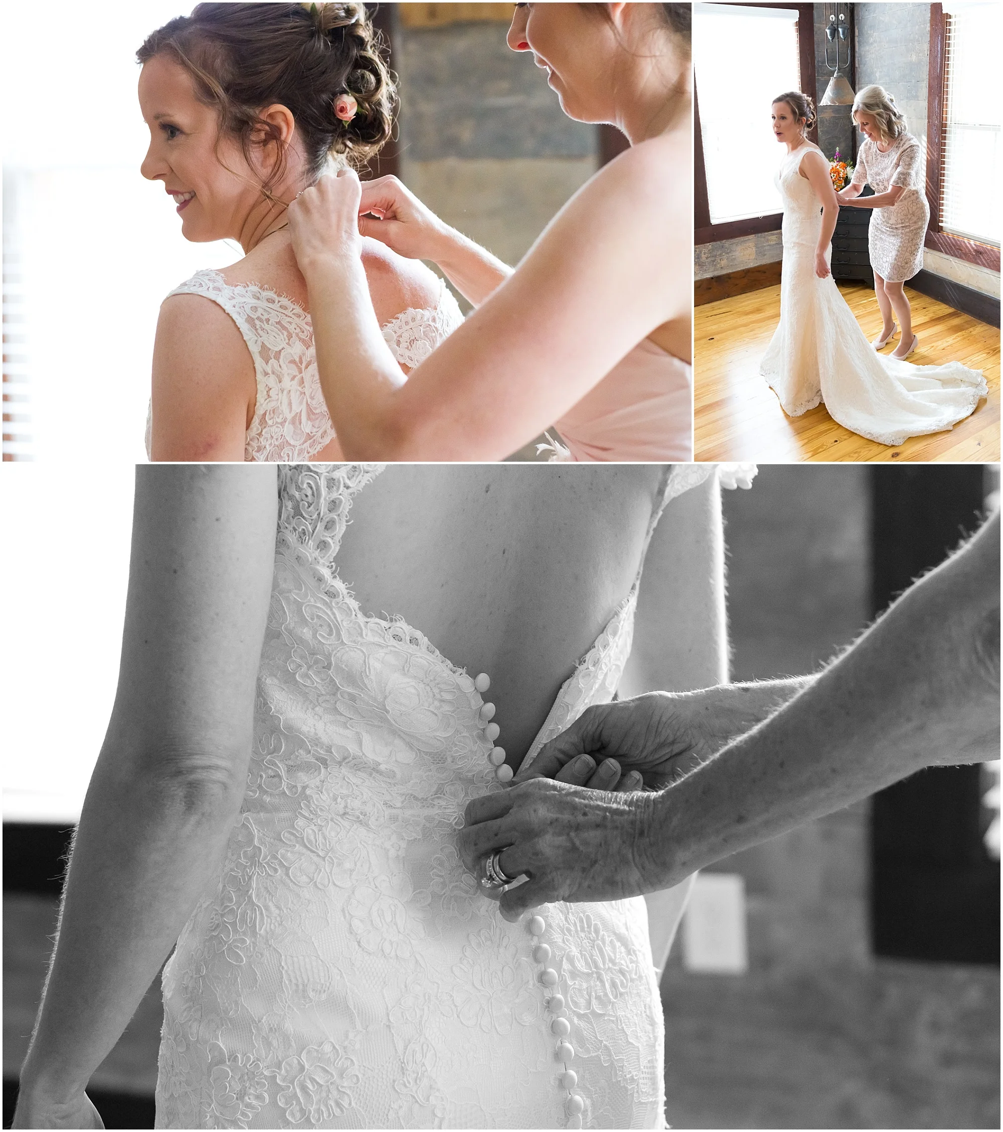 Bride getting into dress for her downtown Waco Texas wedding - Jason & Melaina Photography - www.jasonandmelaina.com