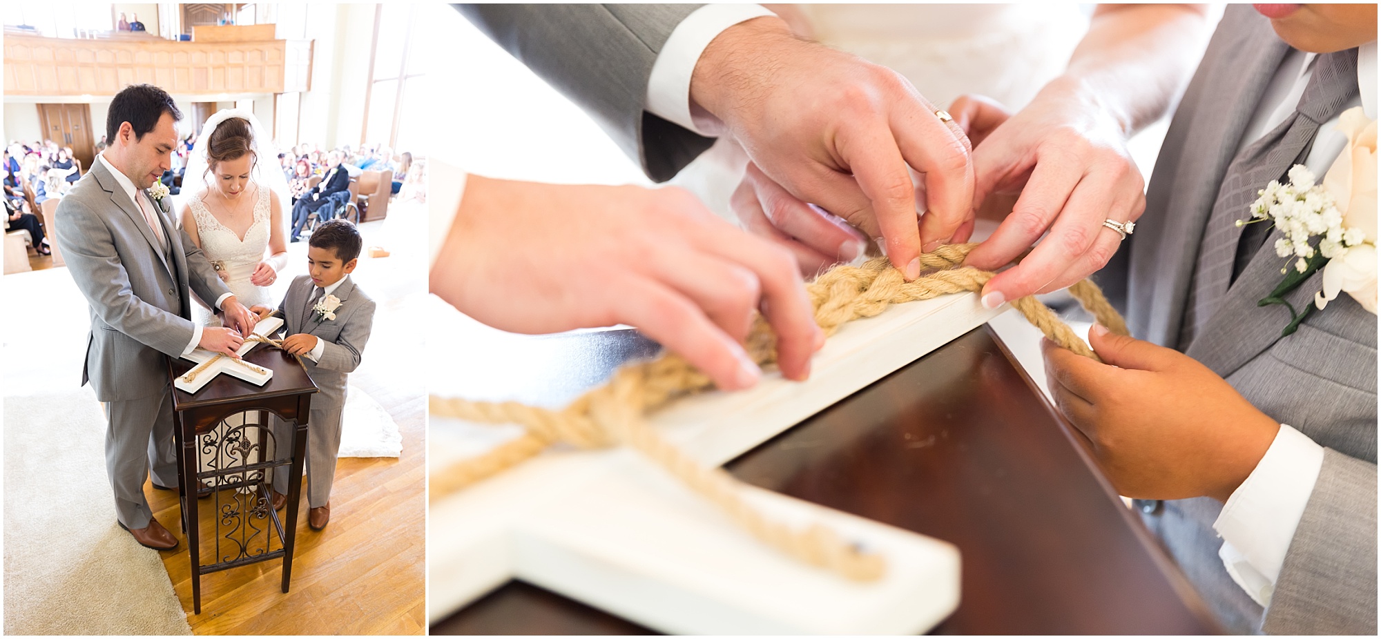 Bride, groom, and son tie cross together during wedding ceremony - Jason & Melaina Photography - www.jasonandmelaina.com