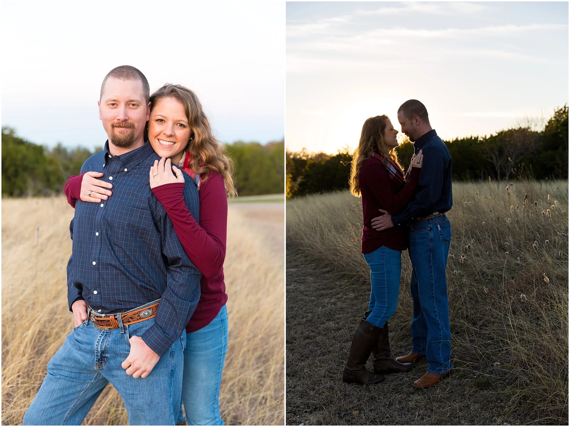 Sunset engagement portraits in a field of dry grass - Waco, Texas - Jason & Melaina Photography