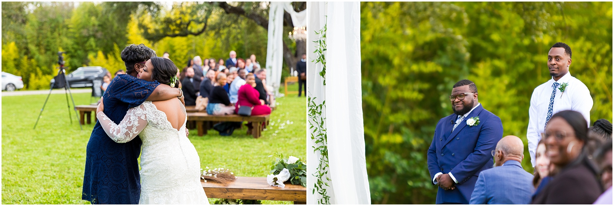 A bride hugs her mom right before her dad walks her down the aisle - outdoor wedding ceremony in Cameron Park, Waco, Texas - Jason & Melaina Photography - www.jasonandmelaina.com