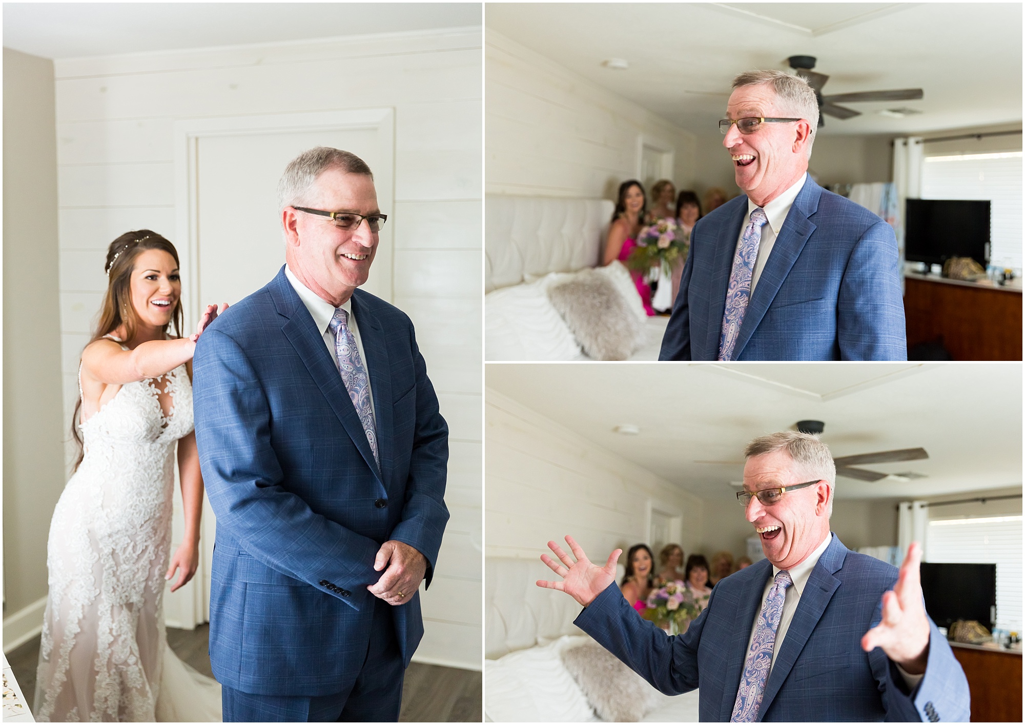 A bride taps her father’s shoulder and he turns around to see her in her wedding dress for the first time | Jason & Melaina Photography | www.jasonandmelaina.com