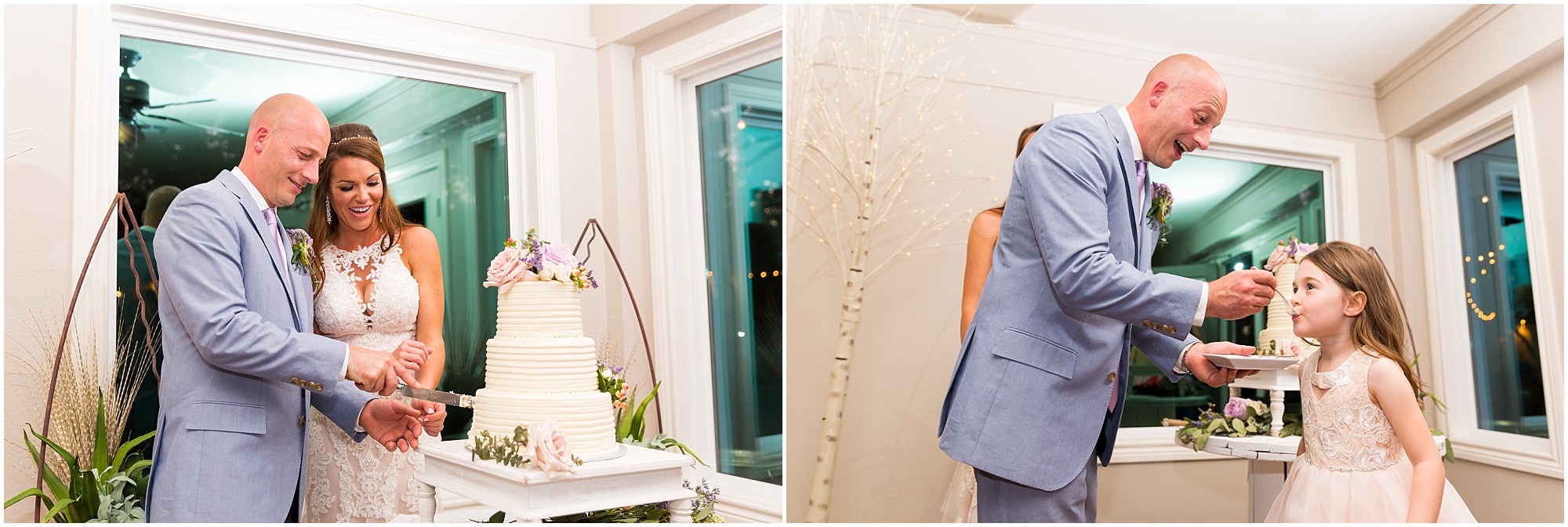 A groom gives his young daughter a bite after he cuts the cake with his bride | Jason & Melaina Photography | www.jasonandmelaina.com