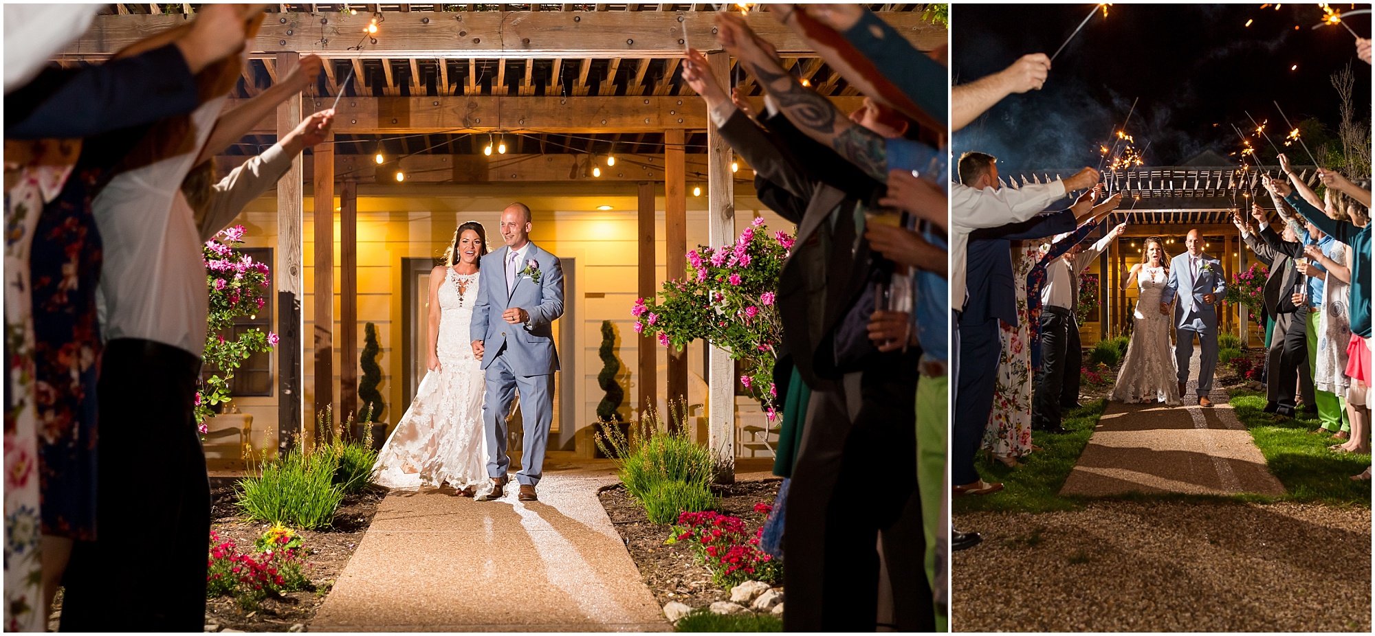 A bride and groom leave their reception under a tunnel of sparklers at Gathering Oaks Retreat in Waco, Texas | Jason & Melaina Photography | www.jasonandmelaina.com