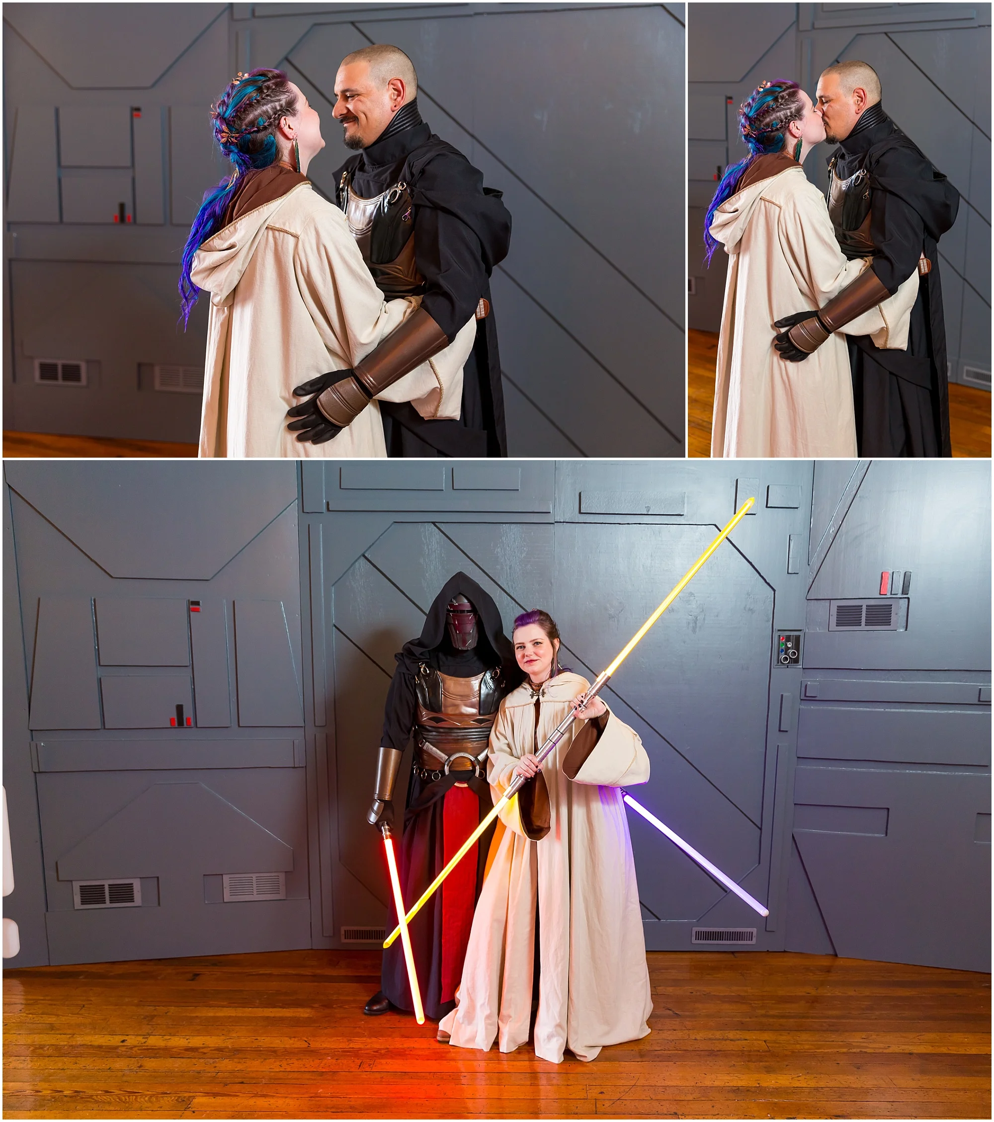 A Jedi Knight bride and her Sith Lord groom pose in front of the blast doors at their Star Wars wedding in Waco, Texas - Jason & Melaina Photography - www.jasonandmelaina.com