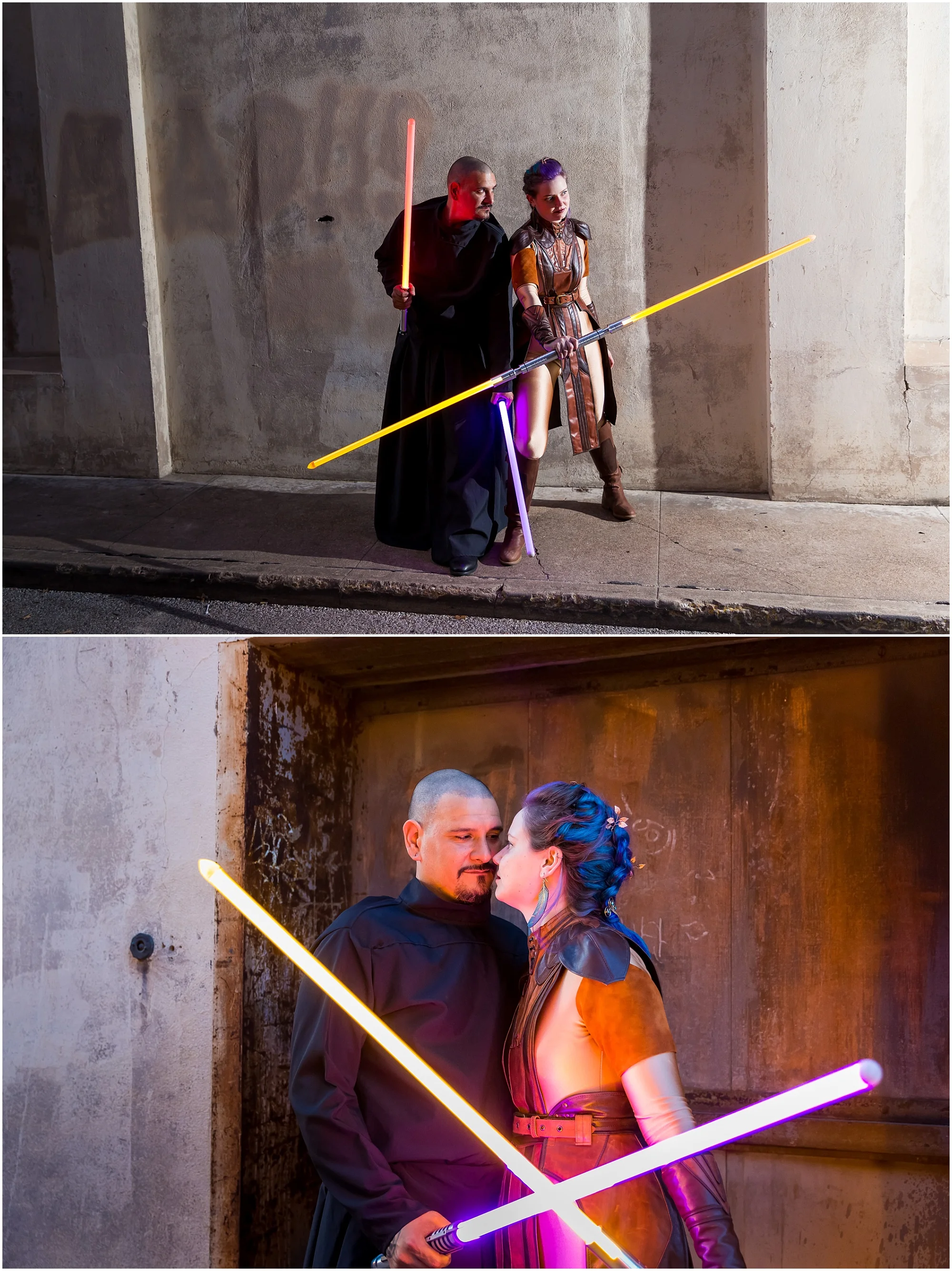 A bride, dressed as a Jedi Knight, and her groom, dressed as a Sith Lord, pose together in downtown Waco on their May 4th wedding day - Jason & Melaina Photography - www.jasonandmelaina.com