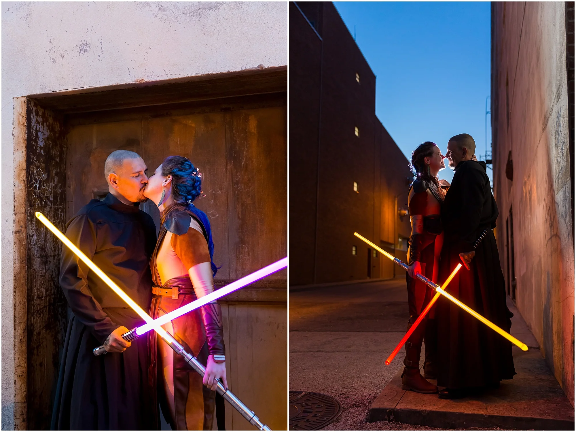 A couple poses in a downtown Waco alley with their lightsabers on their May 4th Star Wars wedding - Jason & Melaina Photography - www.jasonandmelaina.com