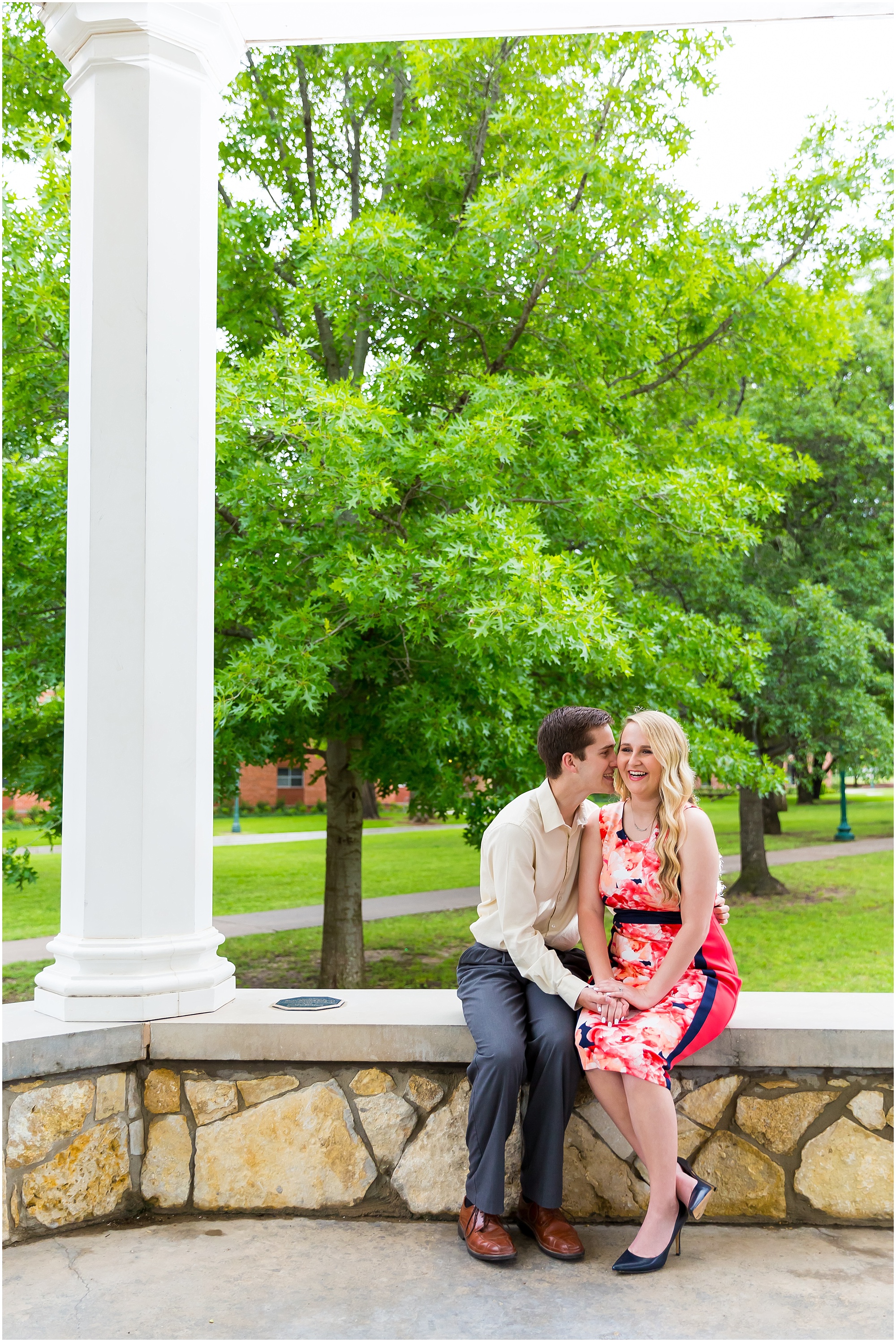 A man whispers into his fiance’s ear and she laughs during their engagement session - Tarleton State University - - Jason & Melaina Photography - www.jasonandmelaina.com
