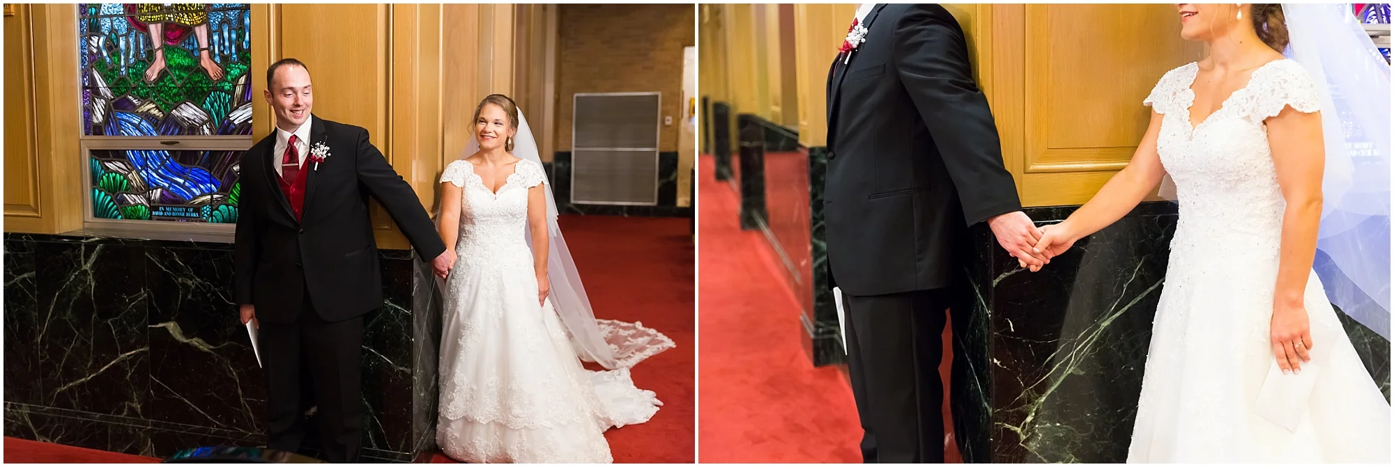 A groom and bride hold hands around a corner to have a moment of connect before their wedding ceremony inside St. Louis Catholic Church, Waco, Texas - Jason & Melaina Photography - www.jasonandmelaina.com