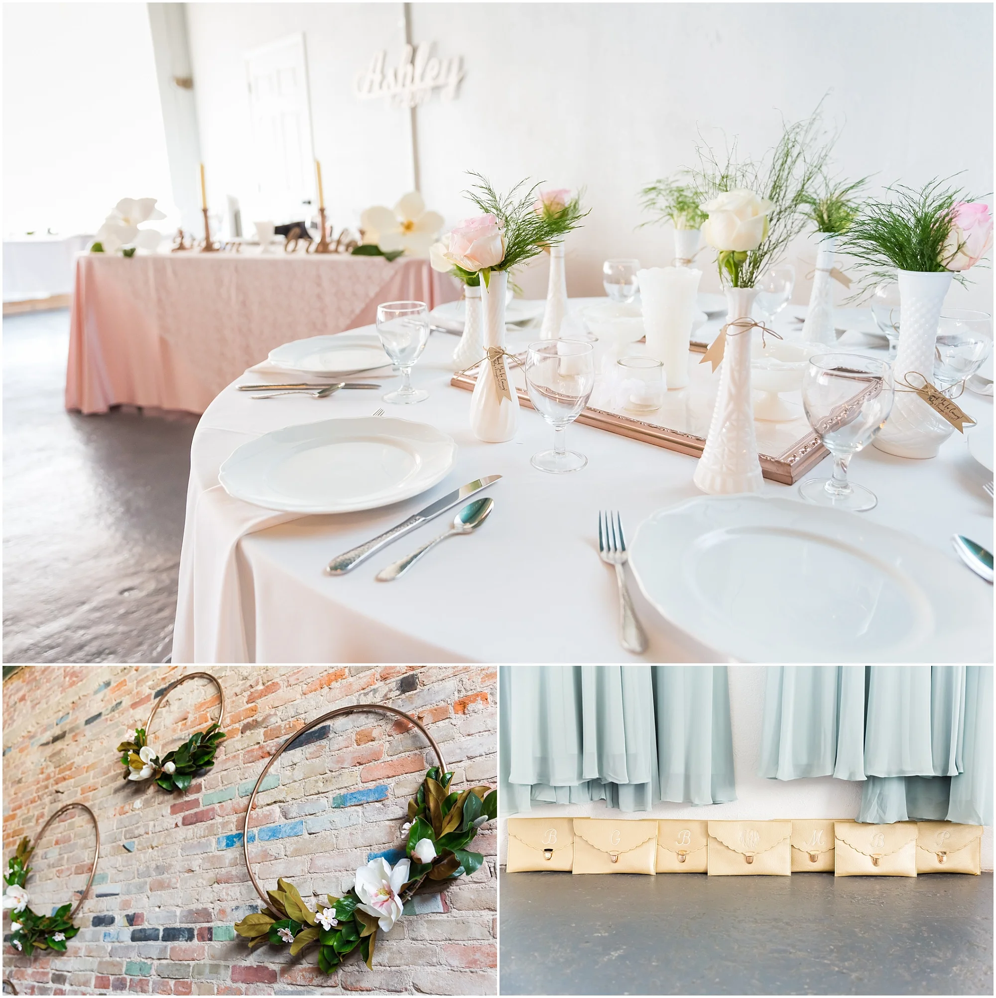 Blush linens with white and rose gold plates and centerpieces for reception seating, Gold circles adorned with magnolia blossoms and leaves hanging on a brick wall, and monogram gold clutches as part of the wedding details - Jason & Melaina Photography - www.jasonandmelaina.com