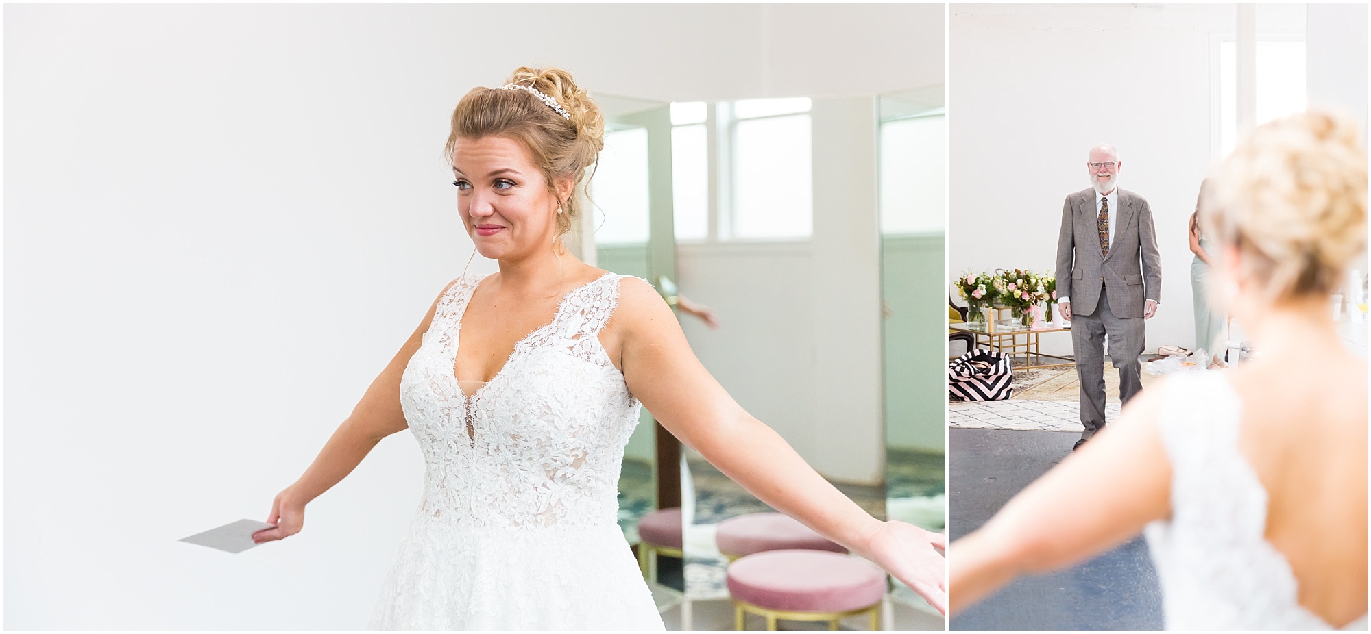 A grandpa smiles at his granddaughter when he sees her in her wedding gown for the first time - Jason & Melaina Photography - www.jasonandmelaina.com