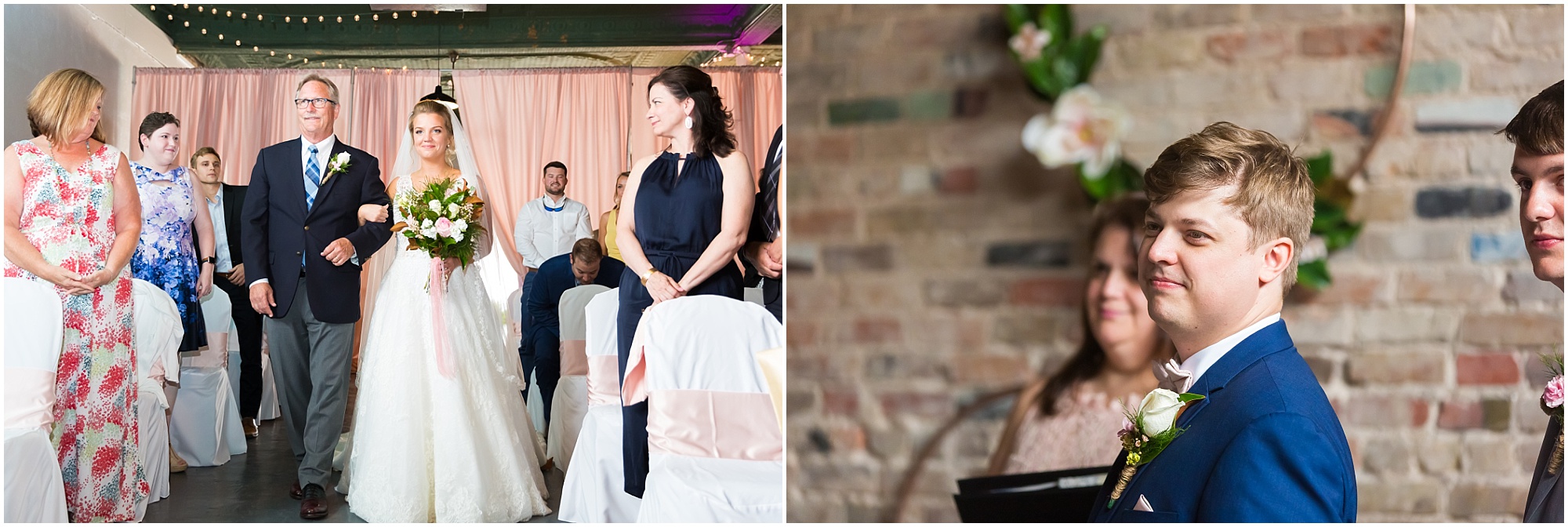 A groom smiles at his bride while she’s escorted by her father down the aisle at The Eagle Historic Warehouse - Jason & Melaina Photography - www.jasonandmelaina.com