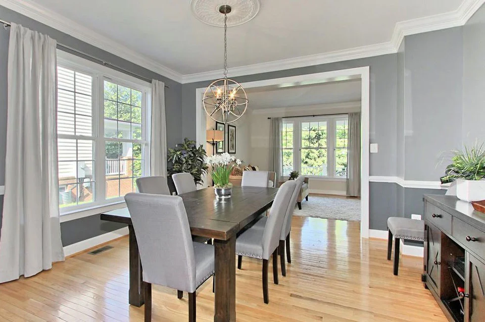 Potomac Maryland gray dining room staged with complimentary furnishings