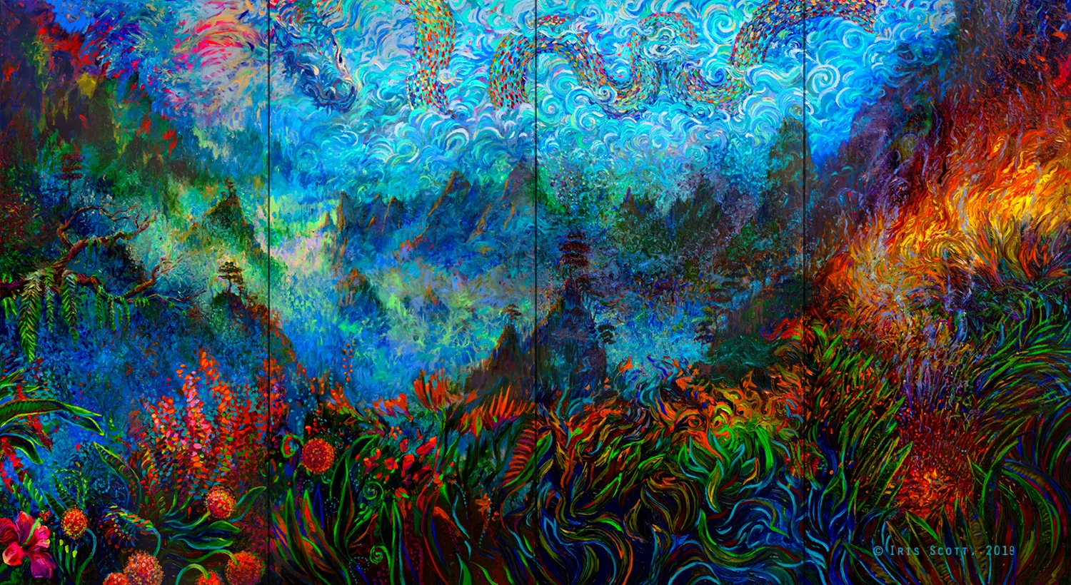 Stormy Splendor Dragon Ember | 120x66in | 4 panels Original Available | Buy Prints Backstory